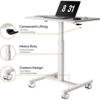 Mobile Small Standing Rolling Desk Adjustable Height, Portable Laptop Desk On Wheels, Workstation For Home Office With Hook,White
