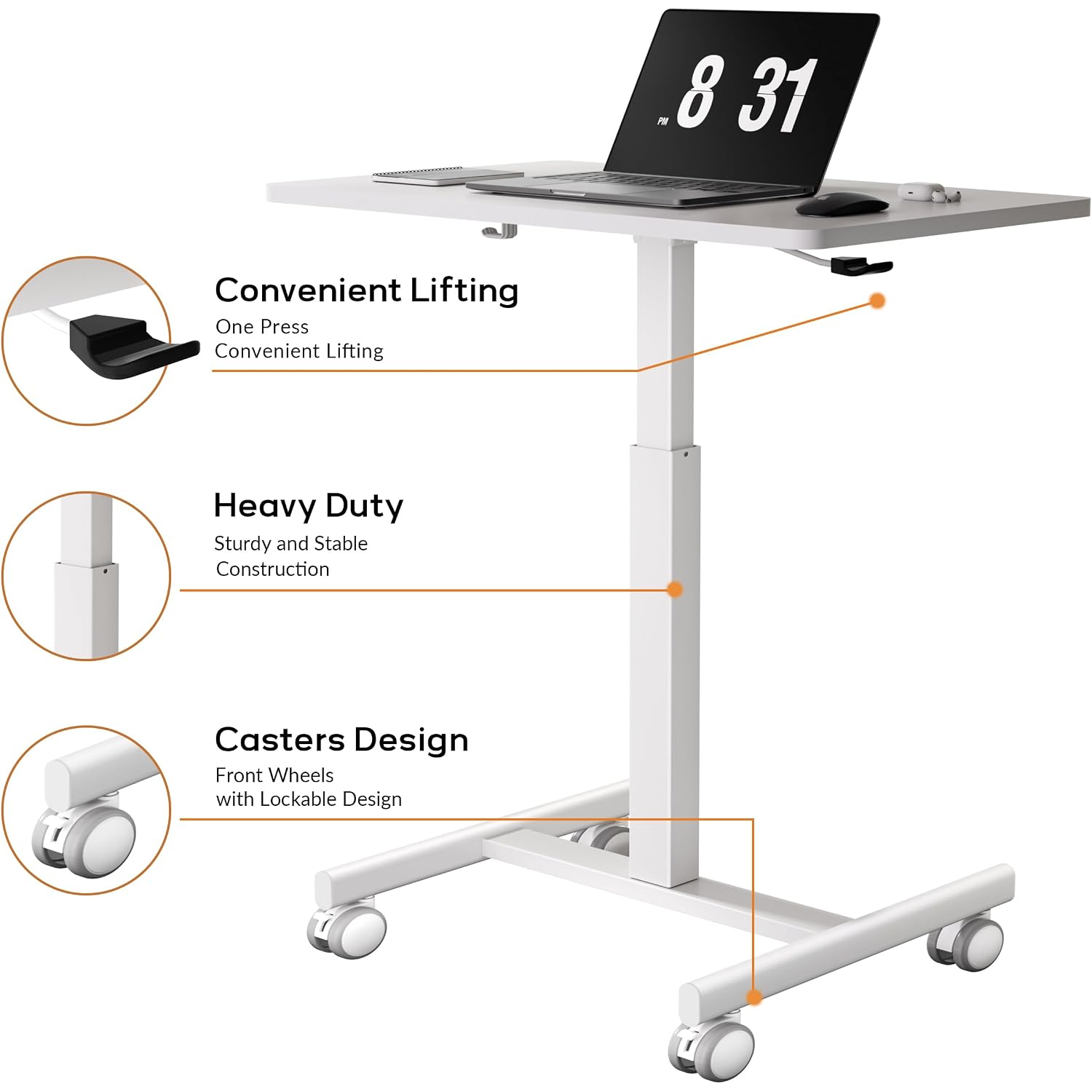 Mobile Small Standing Rolling Desk Adjustable Height, Portable Laptop Desk On Wheels, Workstation For Home Office With Hook,White