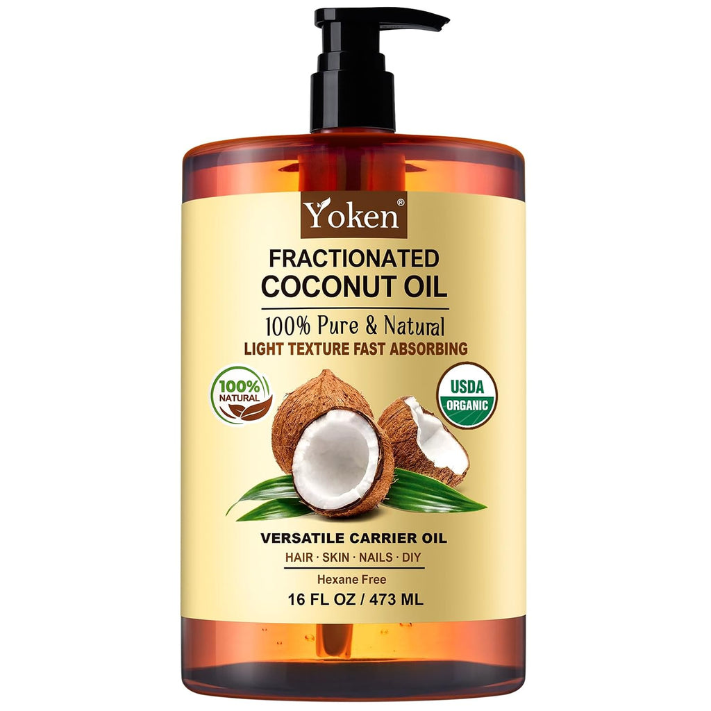 Yoken Organic Fractionated Coconut Oil 16 Fl Oz, Liquid Coconut Oil For Skin, Moisturizer For Hair, Face, Body, Carrier Oil For Essential Oils Mixing, Massage, Usda Certified, Hexane Free, Unscented