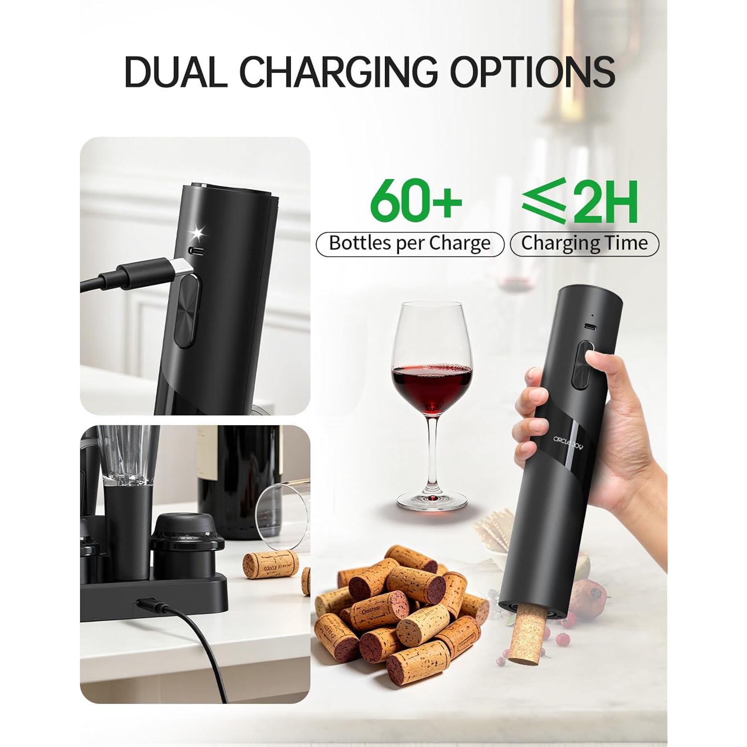 Circle Joy Electric Wine Opener Rechargeable, 7-In-1 Automatic Wine Bottle Opener Gift Set With Electric Vacuum Pump, Foil Cutter, Aerator Pourer, 2 Stoppers & Charging Base, Black