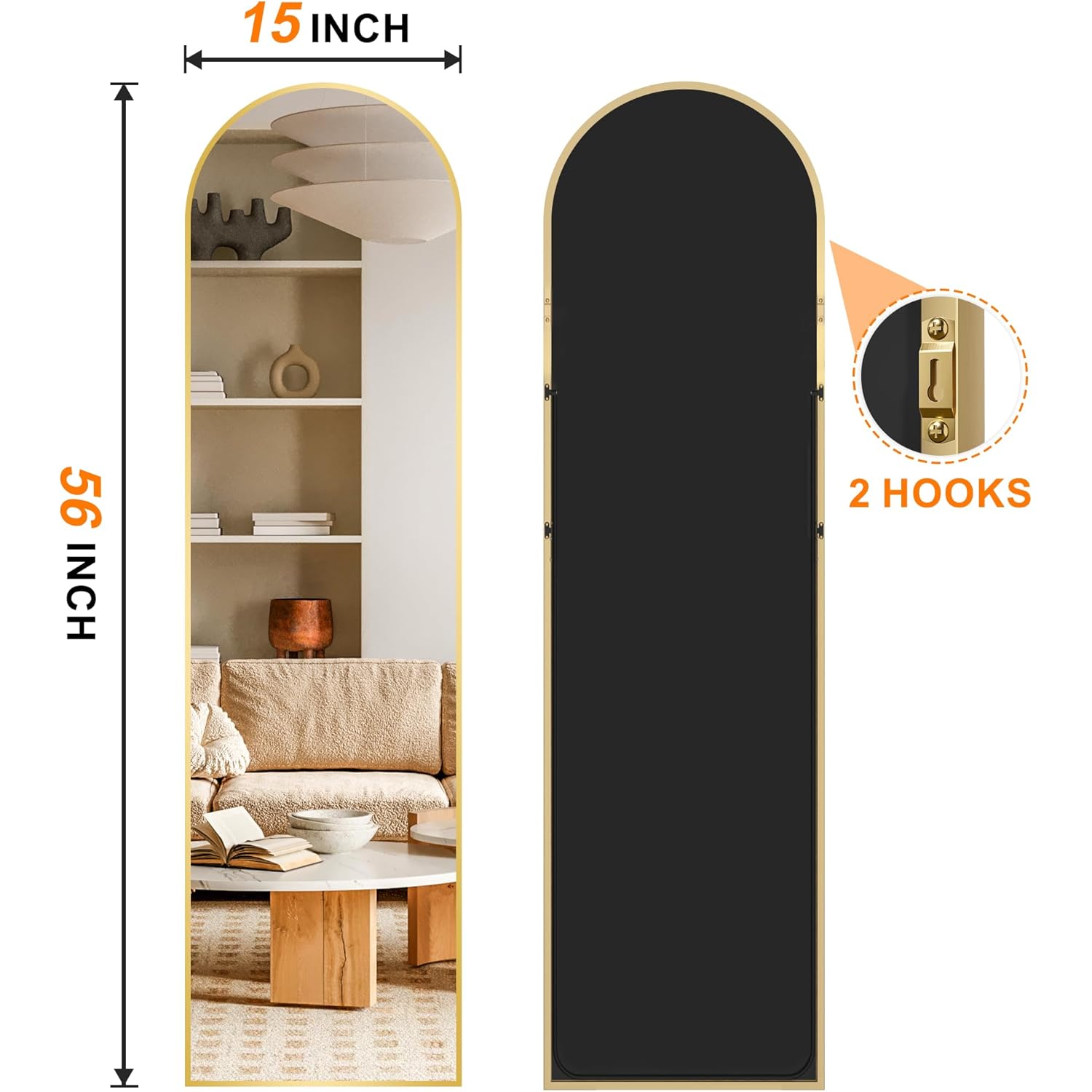 TRAHOME Arched Full Length Mirror, 56"x15" Standing Body Mirror for Wall, with Aluminum Alloy Frame for Bedroom, Living Room, Dressing Room(Gold)