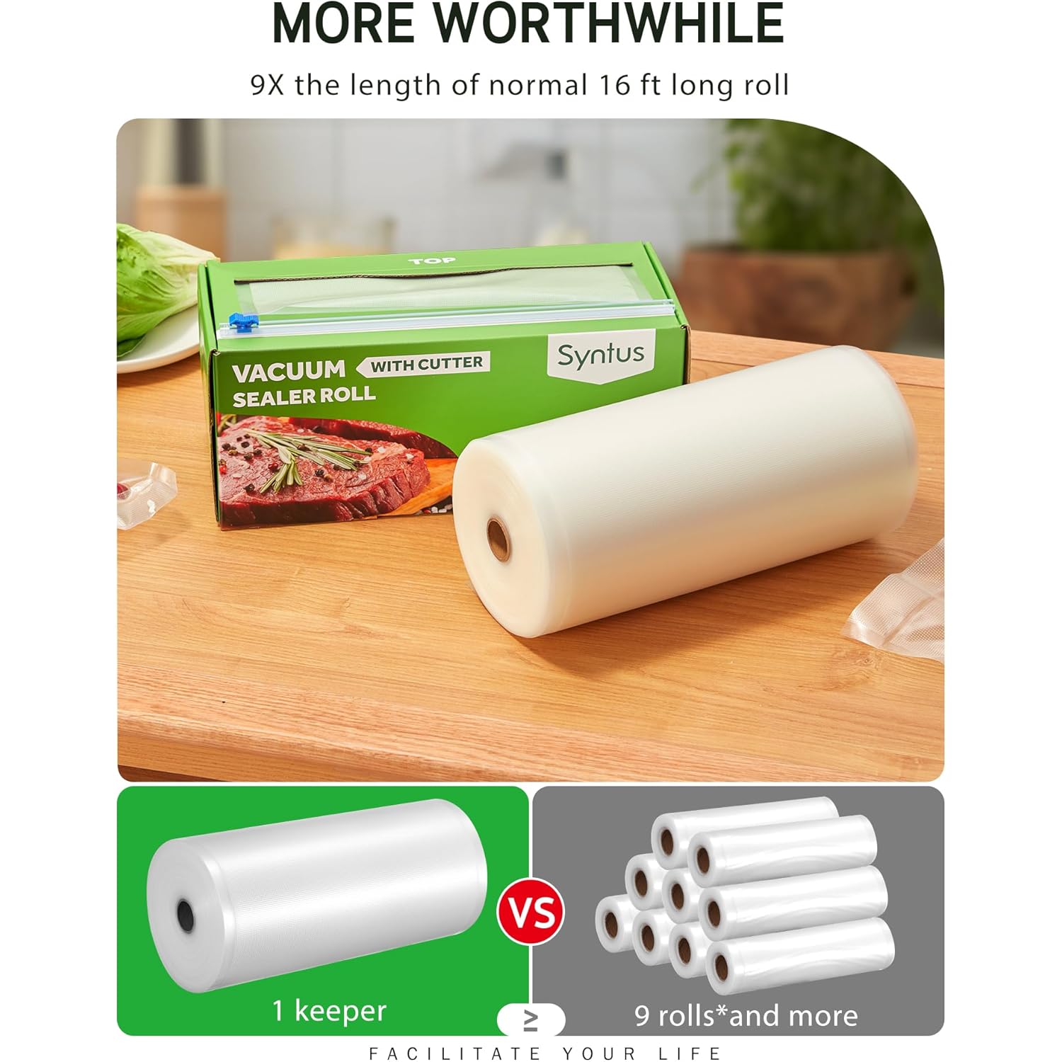 Syntus 11" x 150' Food Vacuum Seal Roll Keeper with Cutter Dispenser, Commercial Grade Vacuum Sealer Bag Rolls, BPA Free Food Vac Bags, Ideal for Storage, Meal Prep and Sous Vide