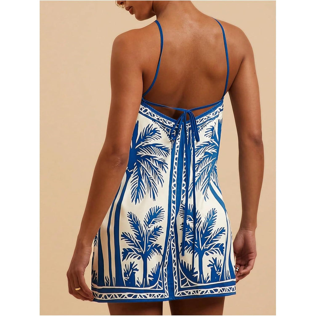 Makemechic Women'S Halter Dresses Summer Beach Backless Tropical Vacation Caribbean Outfits Boho Mini Dresses