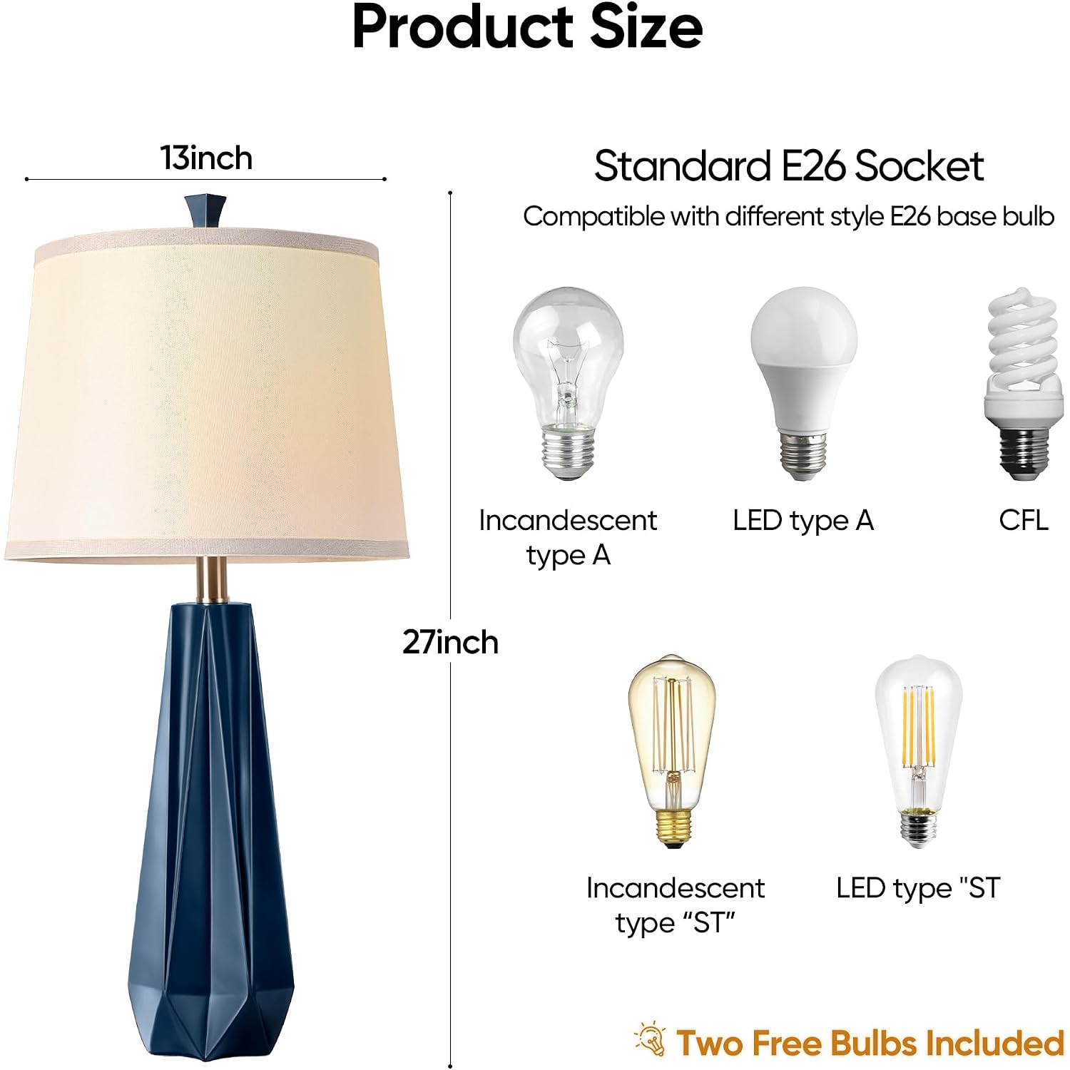 27'' Navy Blue Resin Table Lamps, Desk Lamps With 3 Color Temperature | Prism-Shaped Lamp Body, Rotary Switch, E26 Base, With Linen Shade, Desk Lamps For Living Room, Bedroom, 2 Bulbs Included