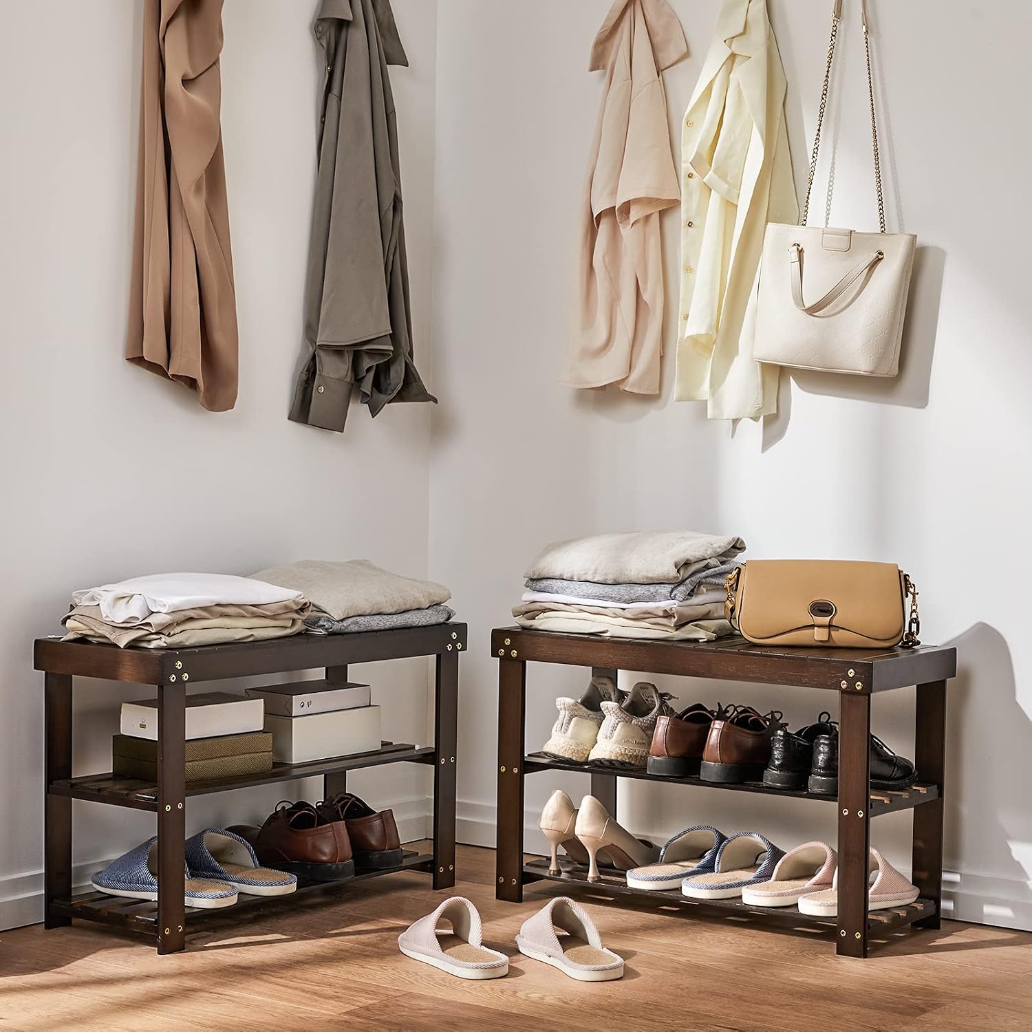 Pipishell Bamboo Shoe Rack Bench, 3 Tier Sturdy Shoe Bench, Storage Shoe Organizer, Holds Up To 300Lbs For Entryway Bedroom Living Room Balcony, Brown