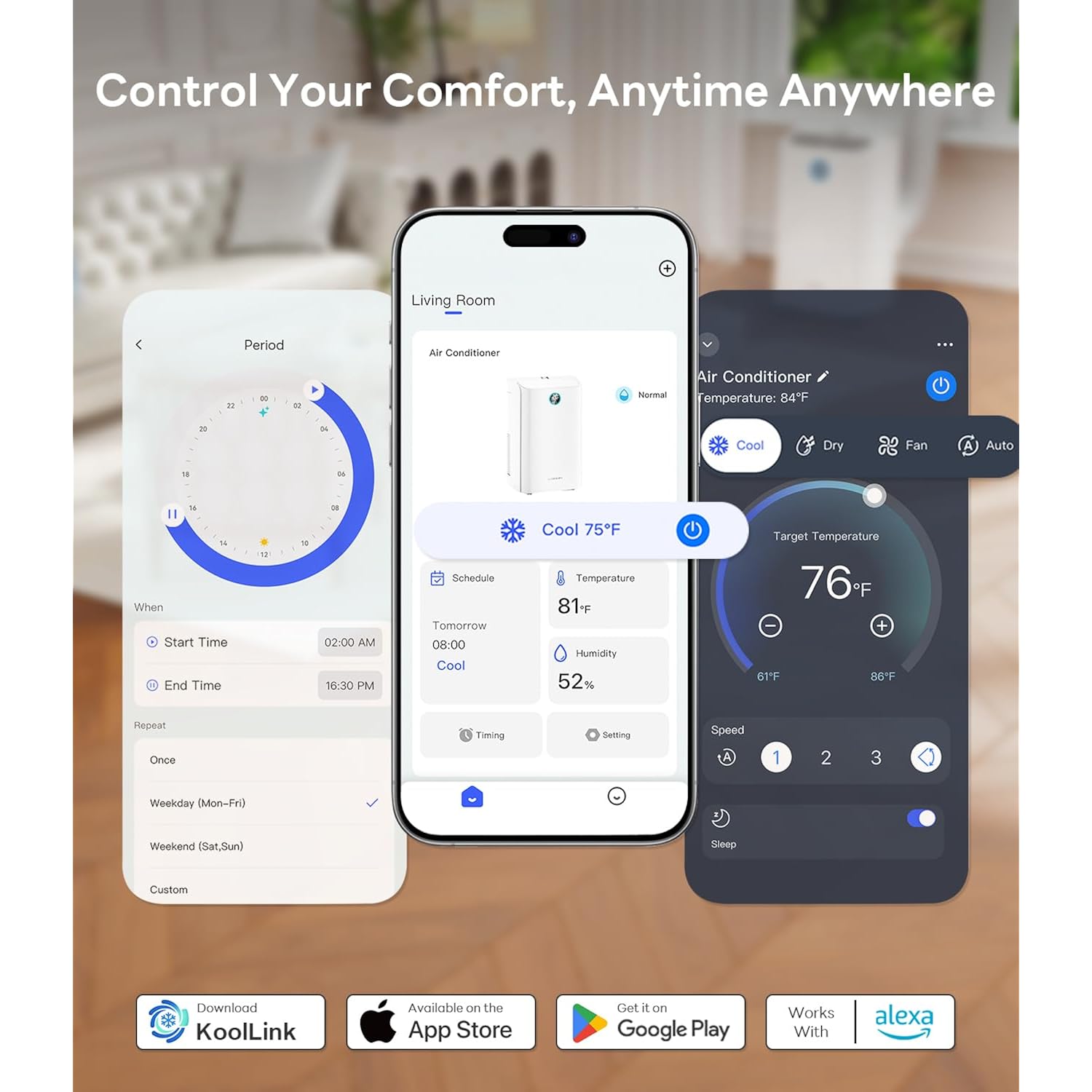 14,000 Btu Smart Wifi Portable Air Conditioner, Cools Up To 700 Sq.Ft, Auto-Evaporation, 3-In-1 Modes, Voice & Remote Control, Quiet Operation, White