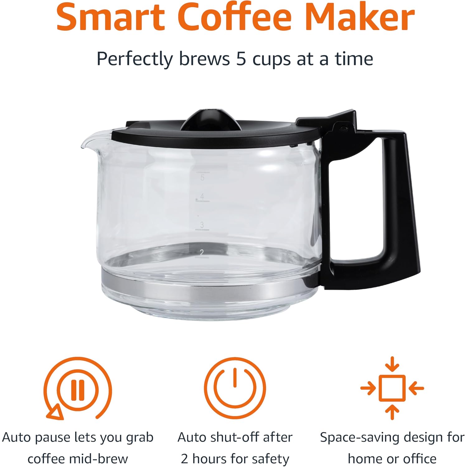 Amazon Basics 5 Cup Drip Coffee Maker with Glass Coffee Pot (0.8 Qt), Auto Shut-off, Auto Pause, Removable Filter Basket, Matte Black