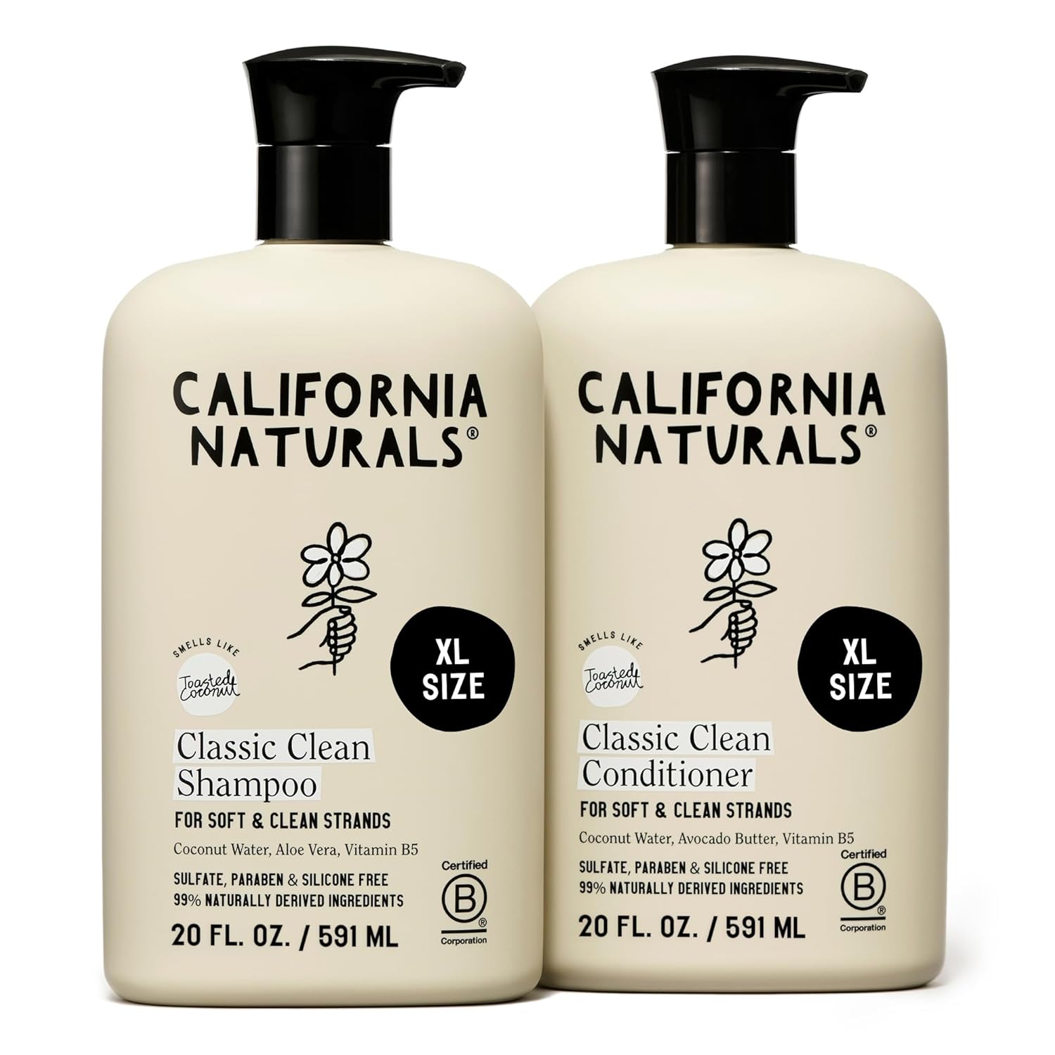 California Naturals Classic Clean Toasted Coconut Shampoo and Conditioner Set, Hair Care for Women & Men, Natural, Vegan, Cruelty, Silicone, Paraben, and Sulfate Free Shampoo, Color Safe, 20 Fl Oz