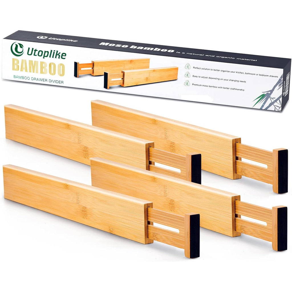 Utoplike 4 Pcs Bamboo Kitchen Drawer Dividers Large, Adjustable Drawer Organizers, Spring Loaded, Expandable Organization Works In Kitchen, Dresser, Bathroom, Bedroom, Drawer, Desk