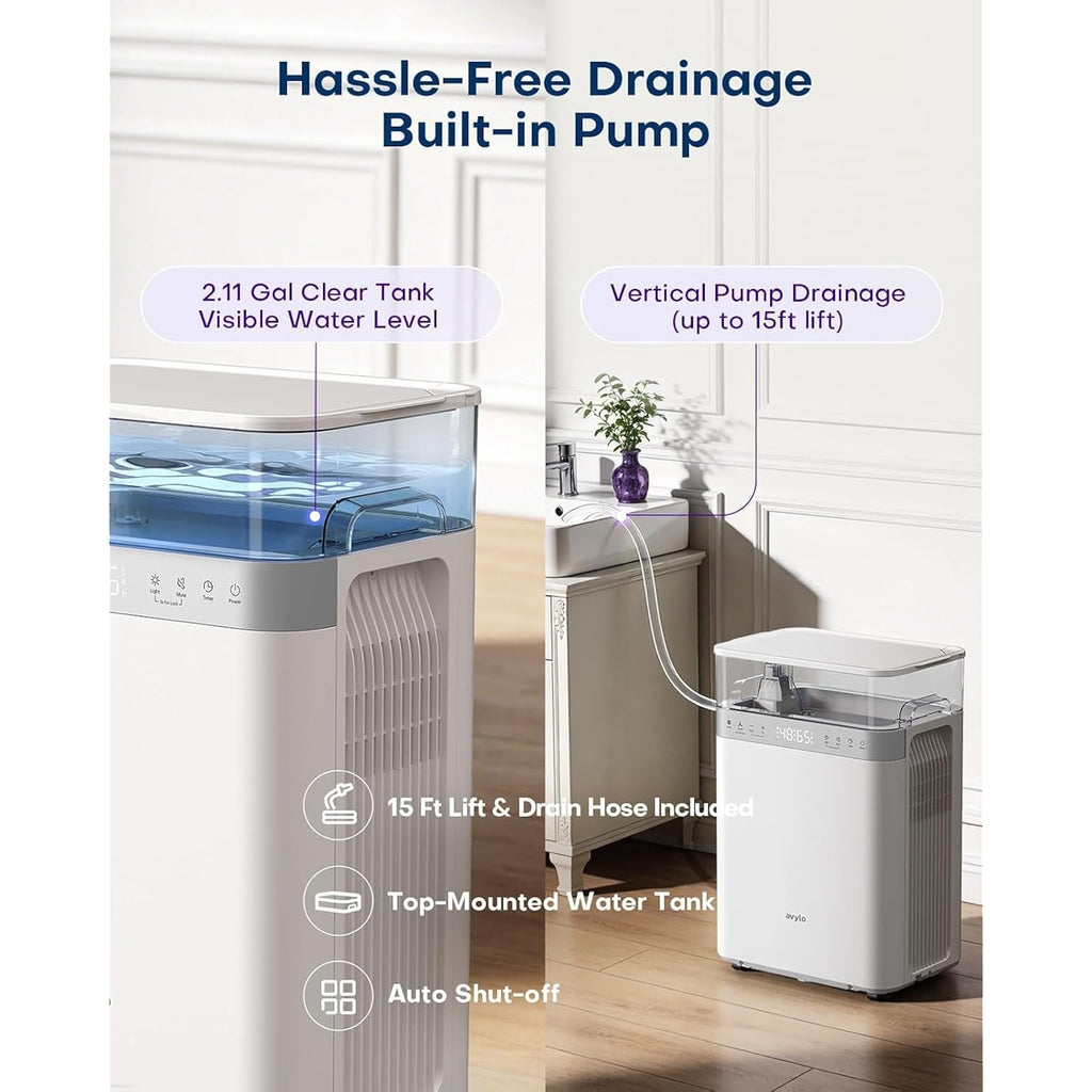 Avylo Dehumidifier For Basement With Pump And Hose, Max 90 Pints/D, White | Energy Star Most Efficient 2025,5000 Sq.Ft Dehumidifier,Top Mounted 2.11Gal Tank,3 Drainage Option,Auto Shut Off,Auto Defrost