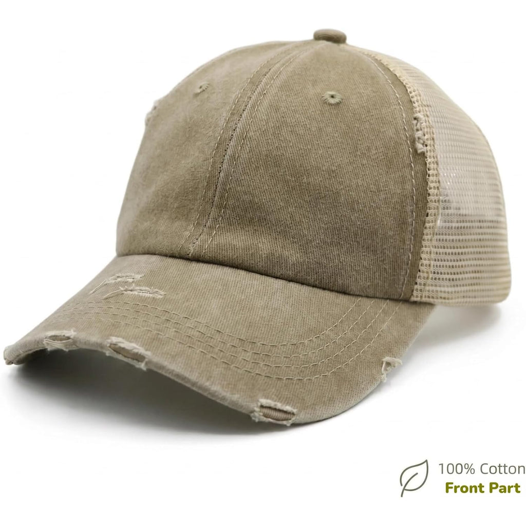 Womens Ponytail High Messy Bun Hats Distressed Baseball Caps Unconstructed Washed Dad Hat Girls Trucker Ponycaps Sun Hat 03-light Khaki