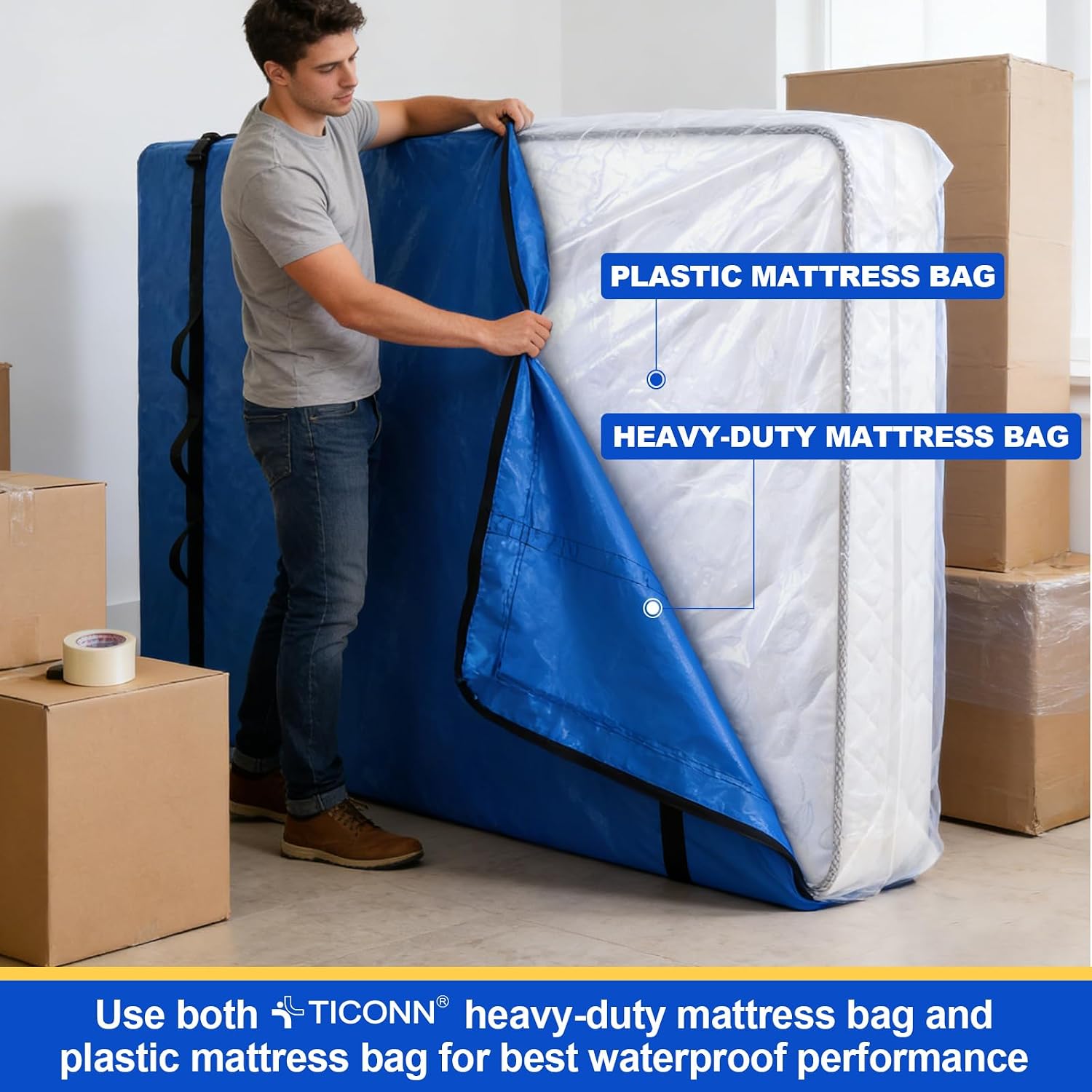 Ticonn Mattress Bags For Moving, Heavy Duty Queen Mattress Cover Storage Bag With Full-Around Handle And Adjustable Buckles (Blue, Queen)