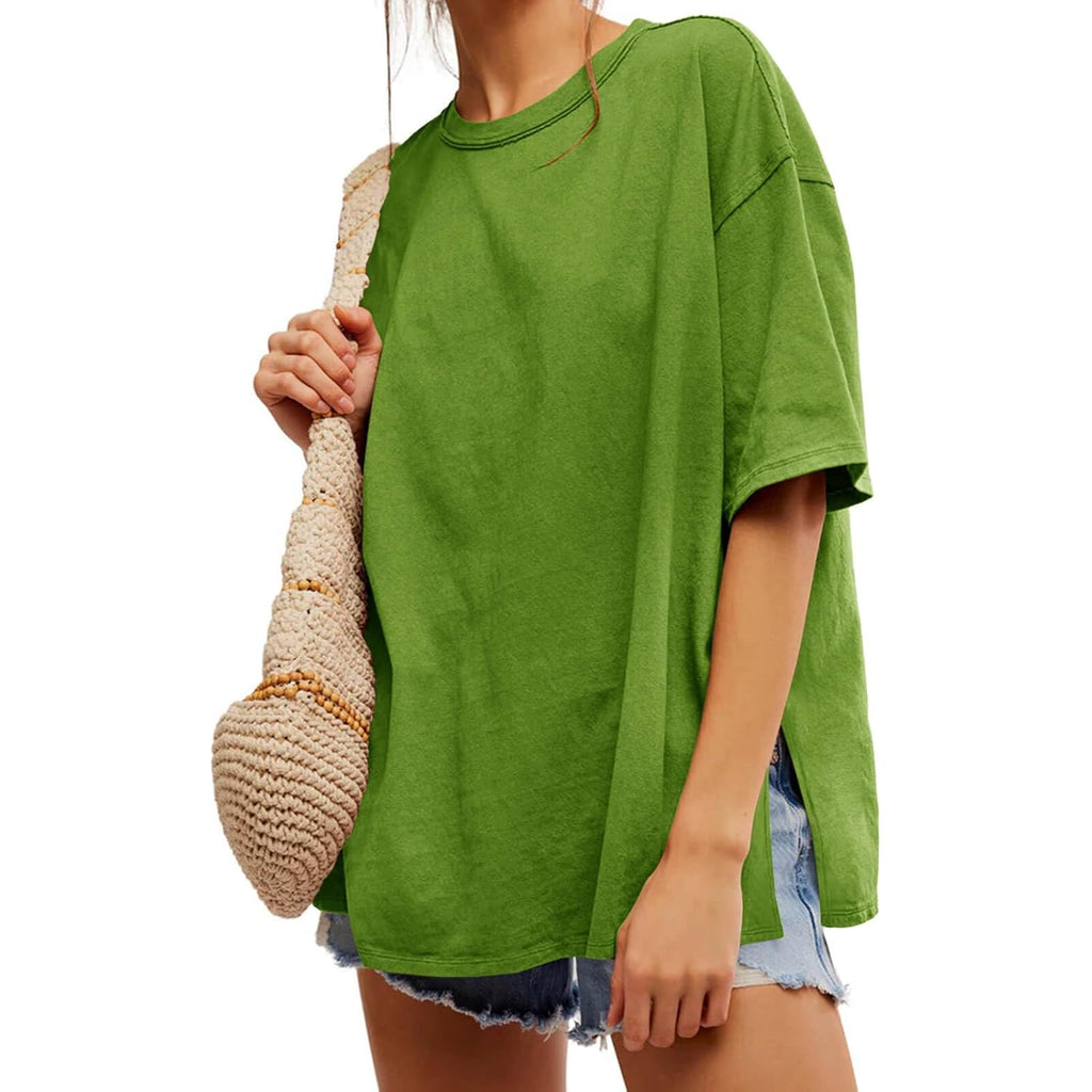 Tankaneo Womens Polka Dot Oversized Tshirts Summer Casual Short Sleeve Crew Neck T Shirt Loose Fit Side Slit Tee Tops