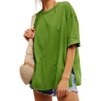 Tankaneo Womens Polka Dot Oversized Tshirts Summer Casual Short Sleeve Crew Neck T Shirt Loose Fit Side Slit Tee Tops