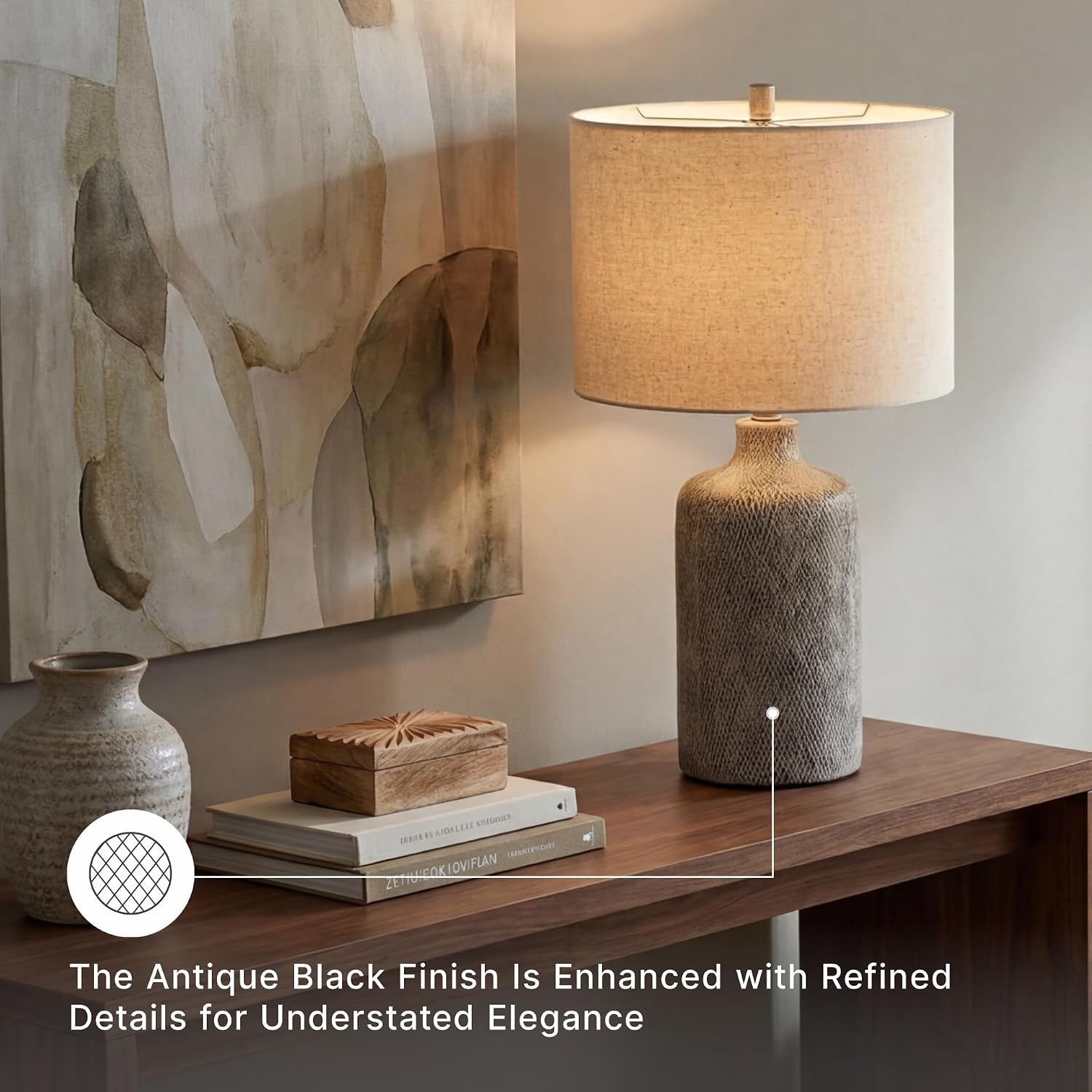 Signature Design By Ashley Linus Urban Contemporary Ul Listed Lamp With Fabric Modified Drum Shade, 3-Way Switch, Ceramic, 25" Height, Antique Black Finish