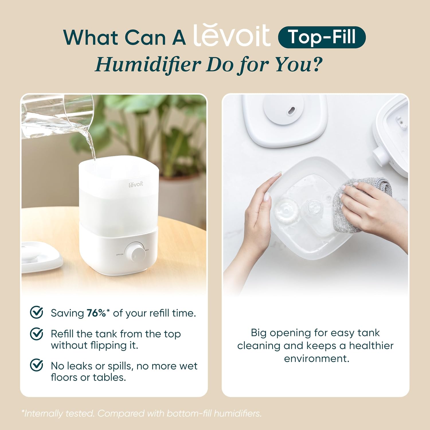 Levoit Top Fill Humidifiers For Bedroom, 2.5L Tank For Large Room, 28Db | Easy To Fill & Clean, Quiet Cool Mist Air Humidifier For Home Baby Nursery & Plants, Auto Shut-Off For Safety, 25H Lasting