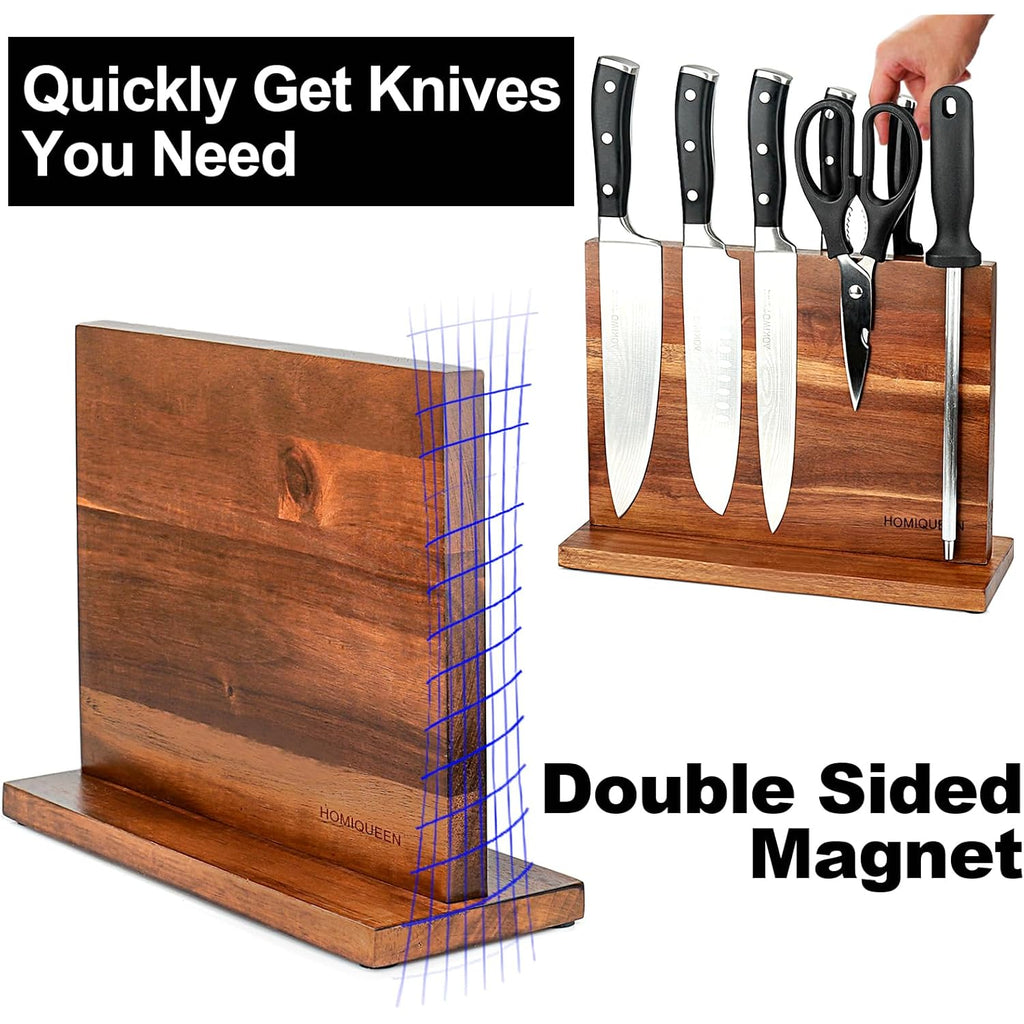 Magnetic Knife Block Double Sided Magnetic Knife Holder Rack with Strong Enhanced Magnets Acacia Wood Magnetic Knife Storage Stand
