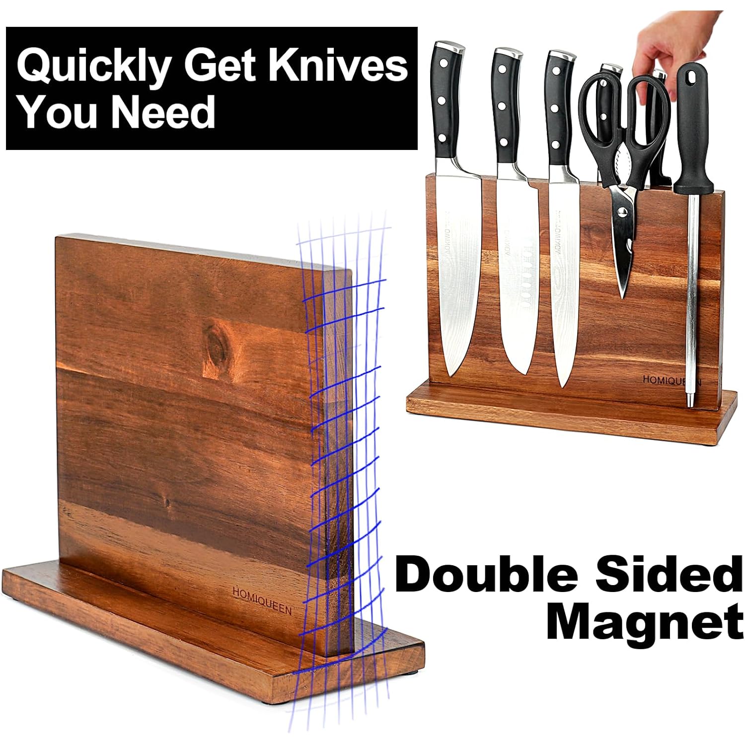 Magnetic Knife Block Double Sided Magnetic Knife Holder Rack with Strong Enhanced Magnets Acacia Wood Magnetic Knife Storage Stand