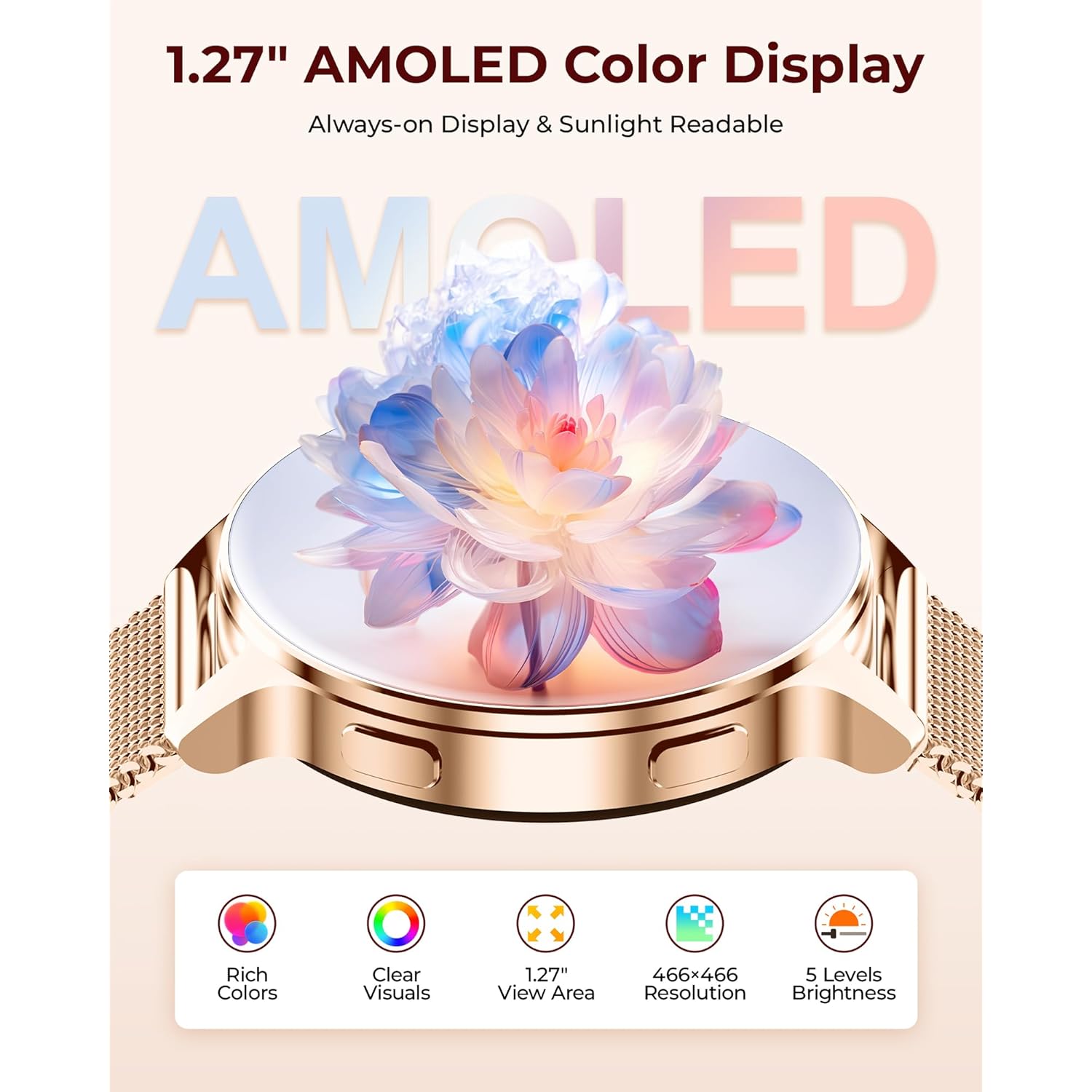 Smart Watches for Women, 1.27″ AMOLED Fitness Tracker with Heart Rate SpO2 Sleep Monitor, 3 Bands, 120+ Sport Modes, Call & Notifications, Smartwatch for Android & iPhone Compatible, 40 mm Rose Gold