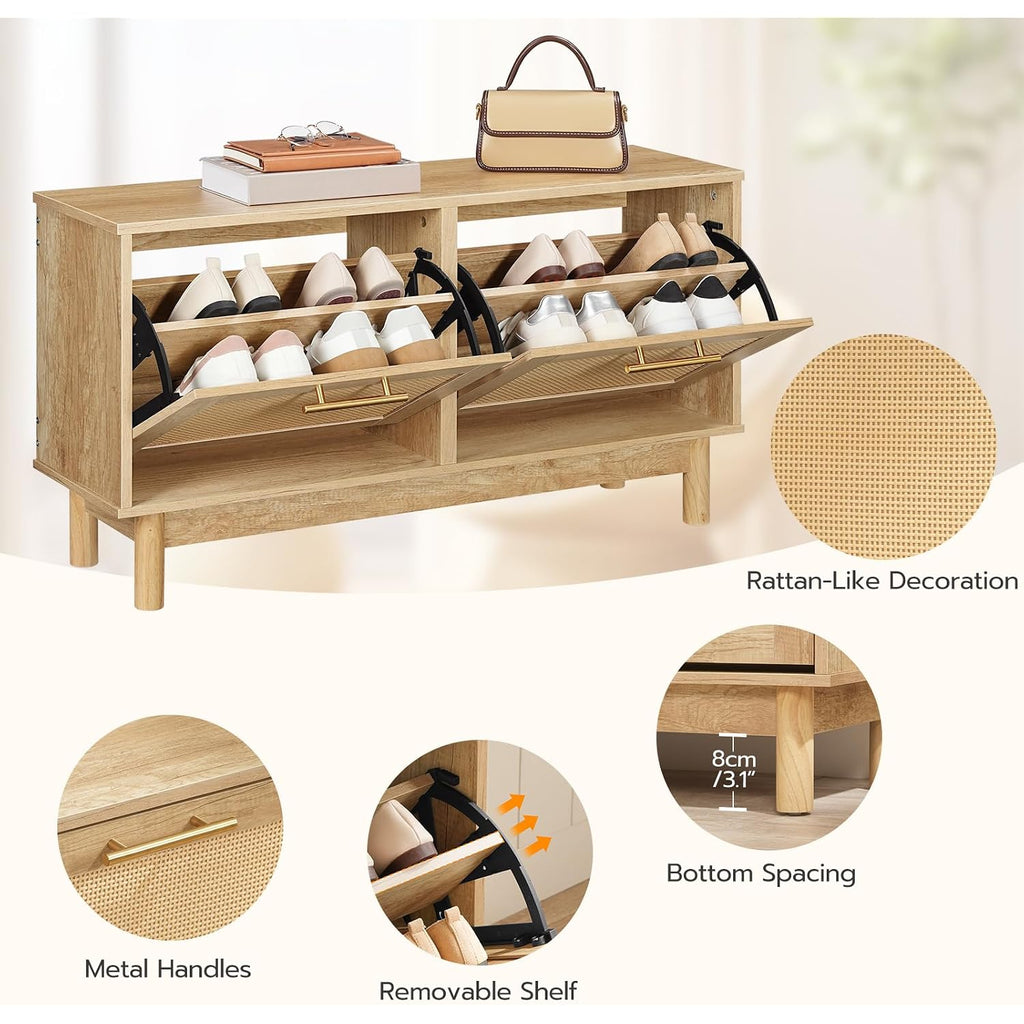 Hoobro Shoe Storage Bench, Rattan Entryway Bench With 2 Flip Drawers, 39.4'' Hidden Shoe Cabinet With Adjustable Shelves, Comfort Seat Holds 300Lb, Large Capacity Fits 8-12 Pairs, Natural Nl51Hx01