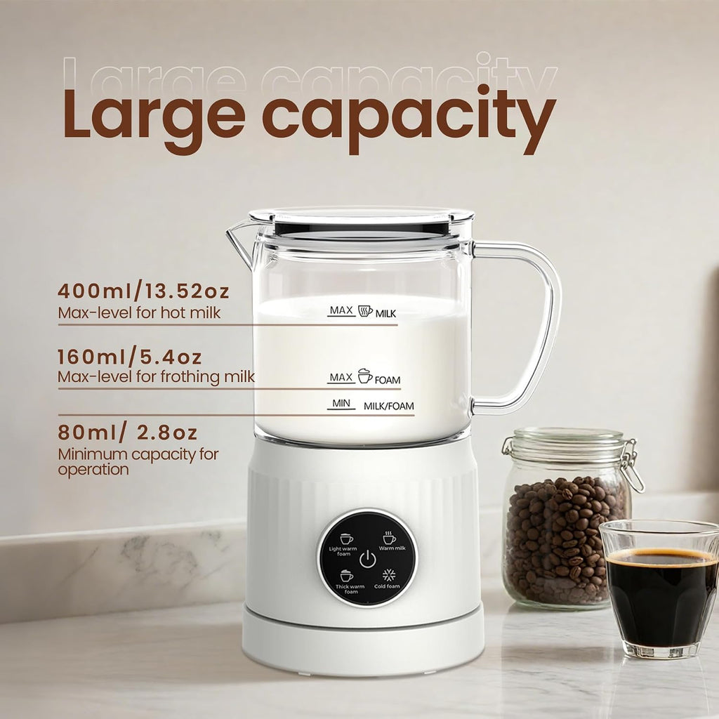 4-In-1 Electric Milk Frother And Steamer For Whole Milk, Led Touch Screen, Cold And Warm Foam Maker, Ceramic-Coated, 13.52Oz For Lattes, Cappuccinos And Hot Chocolate, Auto Shut-Off, Cream White