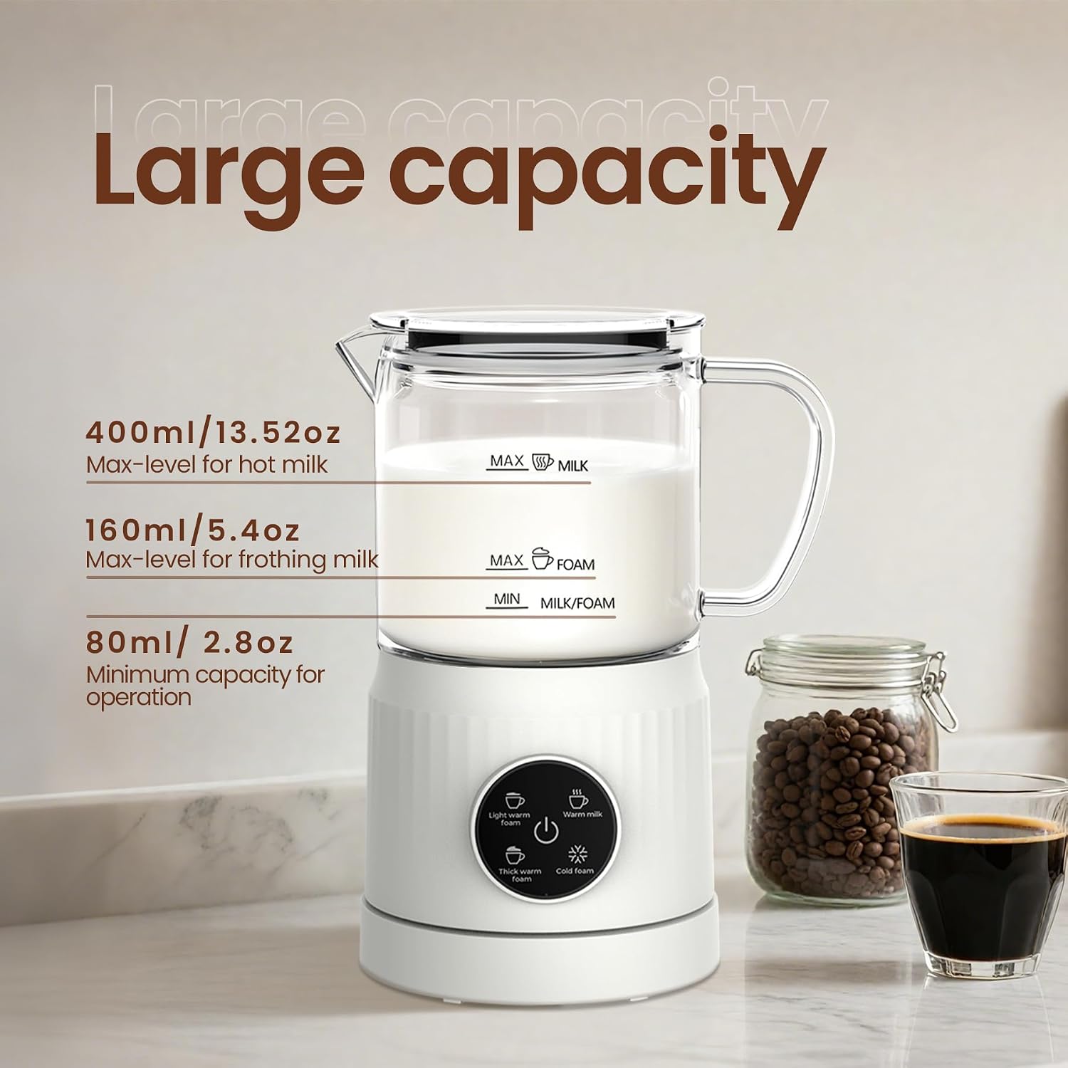 4-In-1 Electric Milk Frother And Steamer For Whole Milk, Led Touch Screen, Cold And Warm Foam Maker, Ceramic-Coated, 13.52Oz For Lattes, Cappuccinos And Hot Chocolate, Auto Shut-Off, Cream White