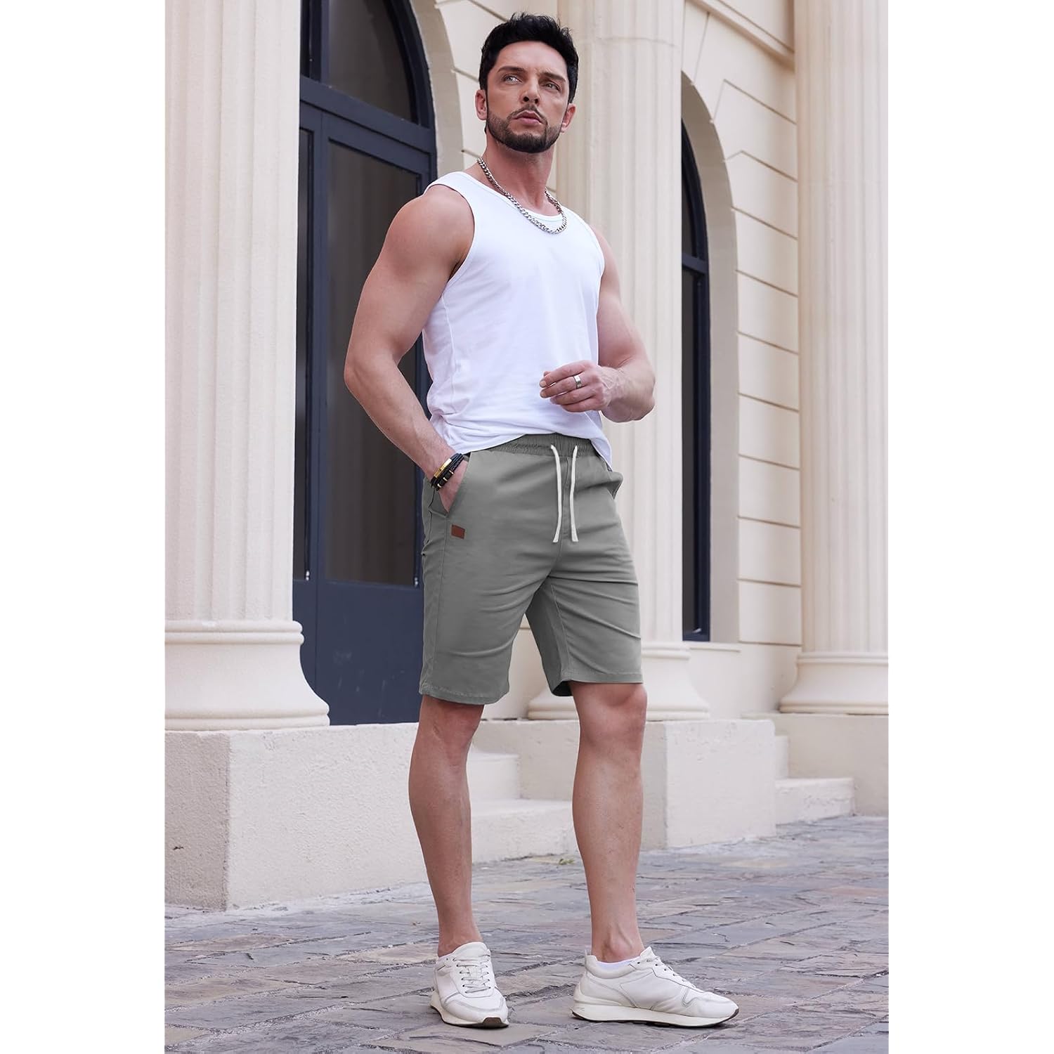 Hungson Mens Casual Shorts 9" Chino Cotton Shorts Summer Beach Drawstring Shorts With Pockets