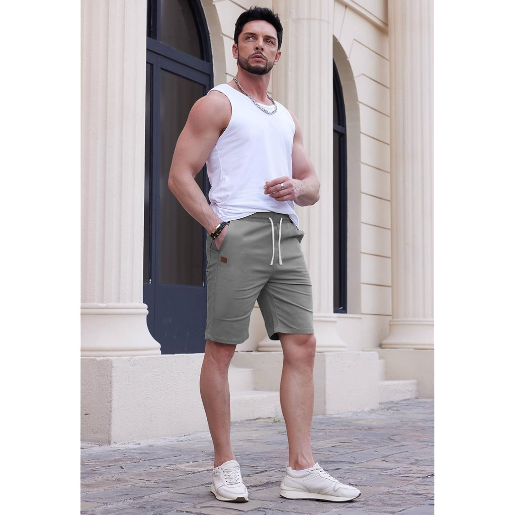 Hungson Mens Casual Shorts 9" Chino Cotton Shorts Summer Beach Drawstring Shorts With Pockets
