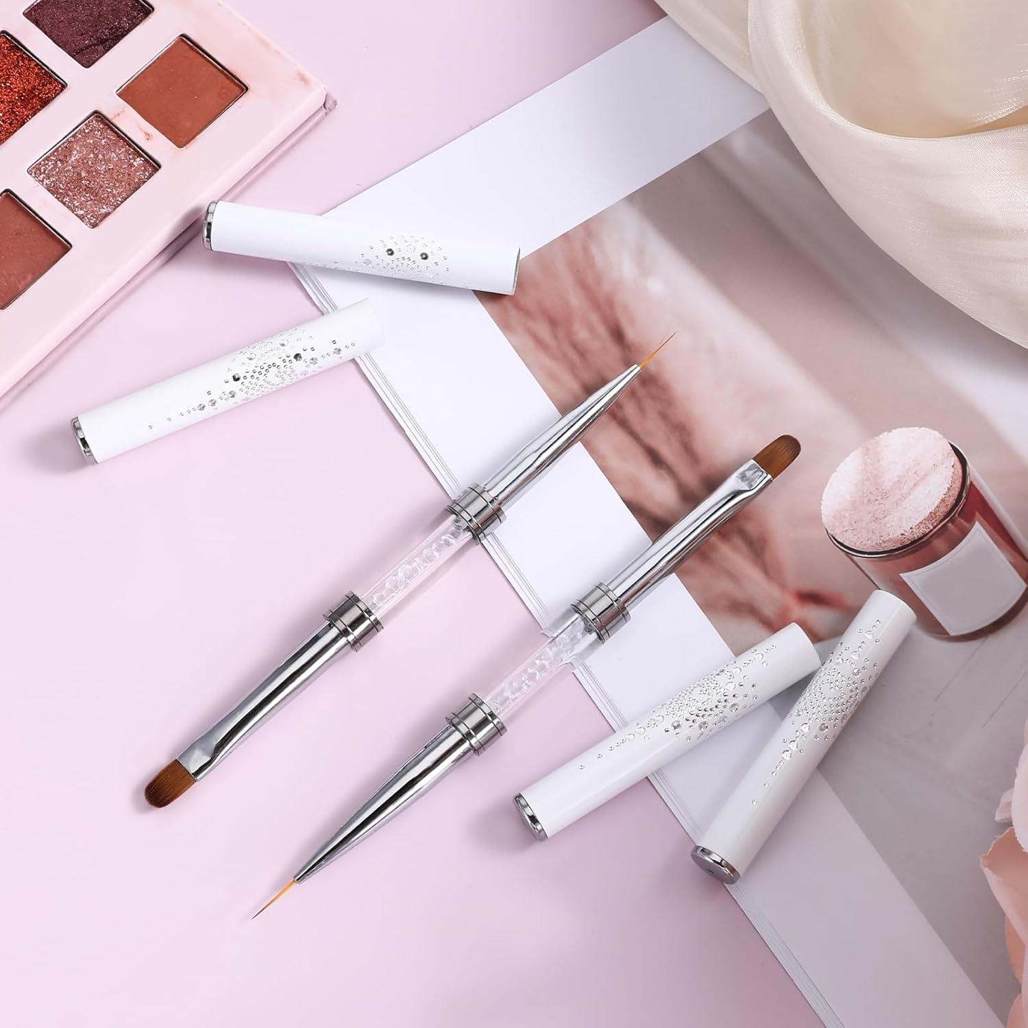 JJUNW 2 Pcs Double Ended Nail Builder Gel Brush, French Tip Brush Hard Gel for Nails, Brush Liner Brush Nails Hard Gel for Design Nails Professional Nail Art(White)