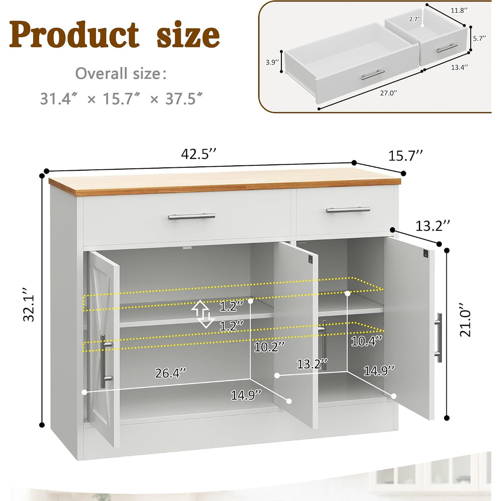 Vongrasig 43” Coffee Bar Cabinet, Farmhouse Buffet Cabinet With Storage, Sideboard Buffet With Drawers And Shelves For Kitchen, White