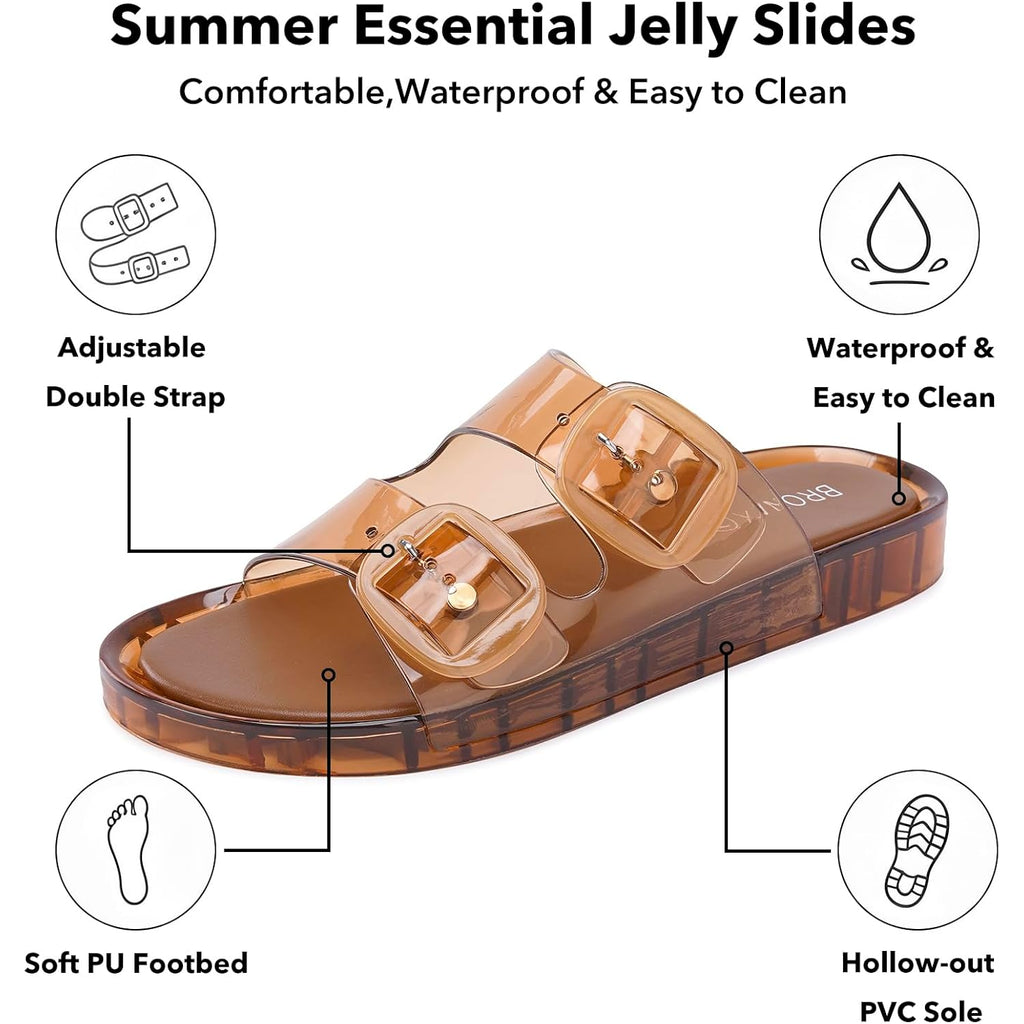 Bronax Jelly Sandals For Women, Clear Adjustable Double Buckle Casual Slip On Slides For Vacation Pool Outdoor