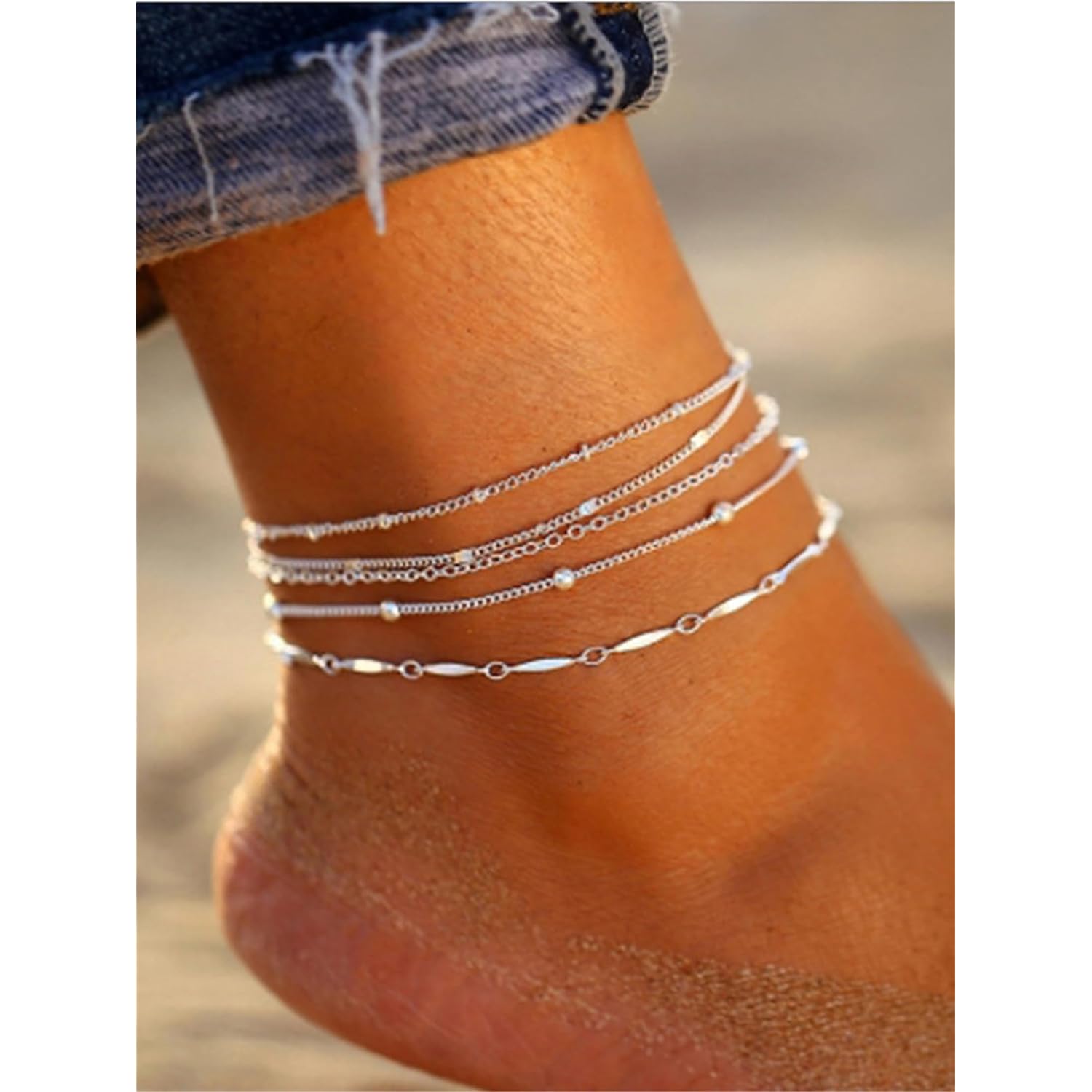 LEXODY Silver/Gold Anklets for Women, Sterling Silver Evil Eye Ankle Bracelets for Women Trendy Dainty Waterproof Anklets Set Adjustable Layered Anklet Bracelets for Women Silver Jewelry Gift