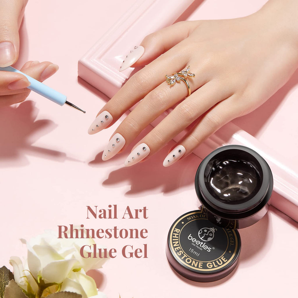 Beetles Rhinestone Glue for Nails with 2 Dual Purpose Brush Pen, 1Pcs 15ml Nail Glue for Nail Art Adhesive Resin Gems Diamonds Jewelry Decoration Soak Off Led Lamp Nails Gifts for Women