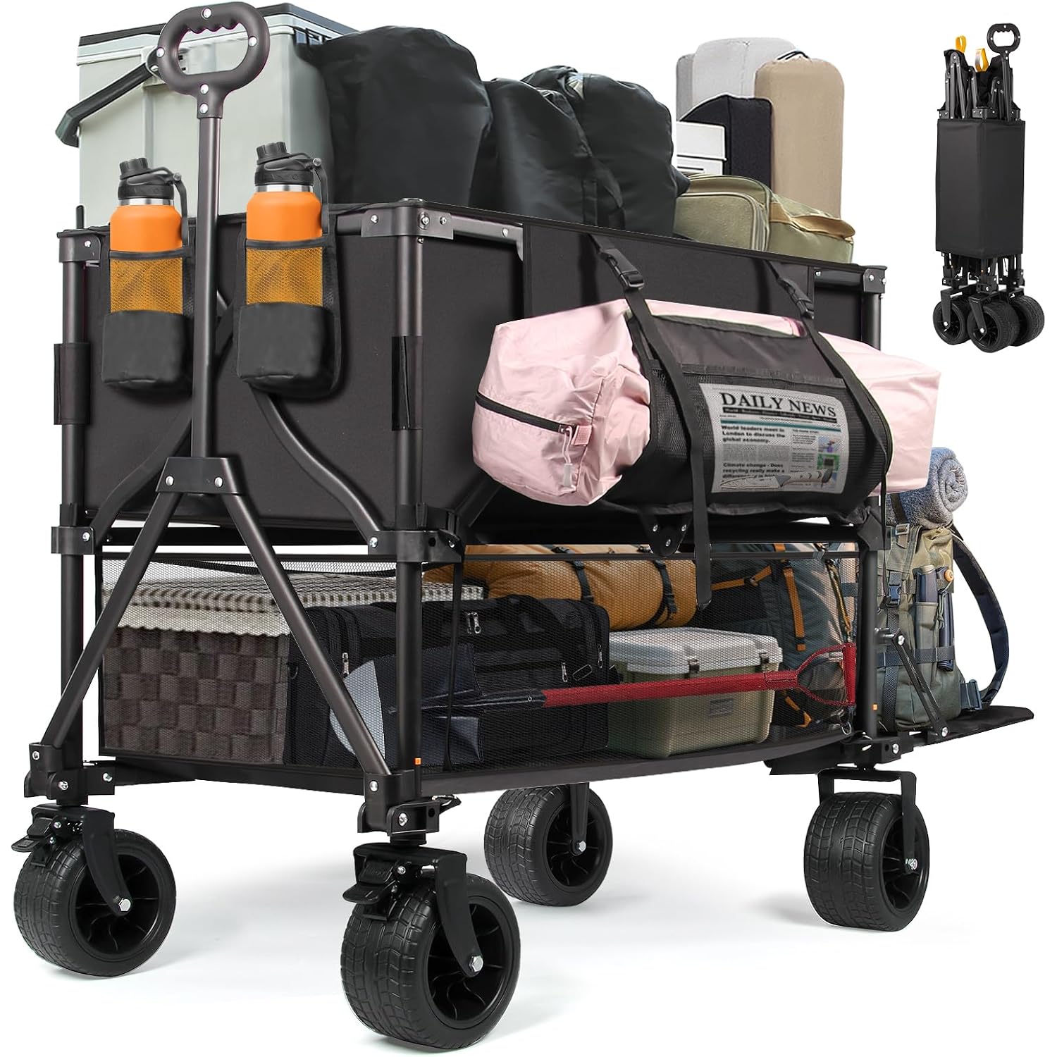 Double Decker Wagon Heavy Duty Collapsible, 600Lbs 400L Capacity | Foldable Utility Cart, Big Wheels For Beach, Outdoor, Camping & Gardening, Durable Steel Frame