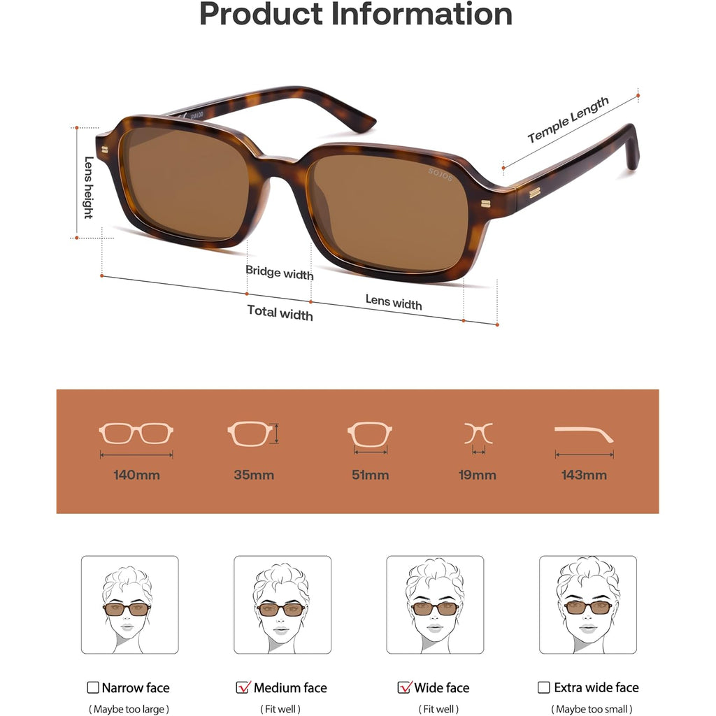 Sojos Trendy Rectangle Polarized Sunglasses Womens Mens, Small Retro Fashion Thin Slim Square Sunnies Sj2610