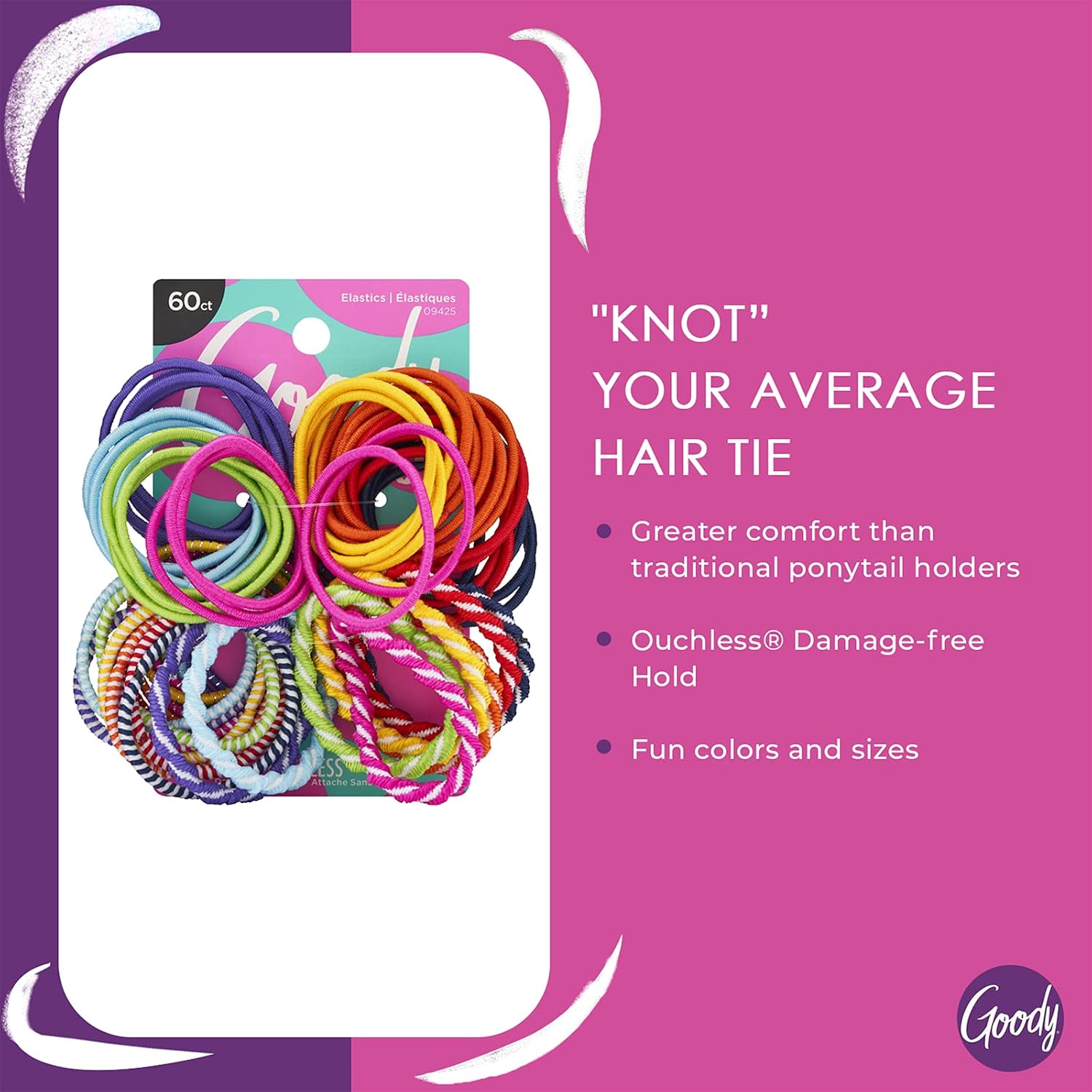 Goody Kids Ouchless Hair Elastics – No Pull, No Breakage, Tangle-Free Hold For Fine Hair – 60 Count, Assorted Colors, Long-Lasting Ponytail Holders For Girls & Boys