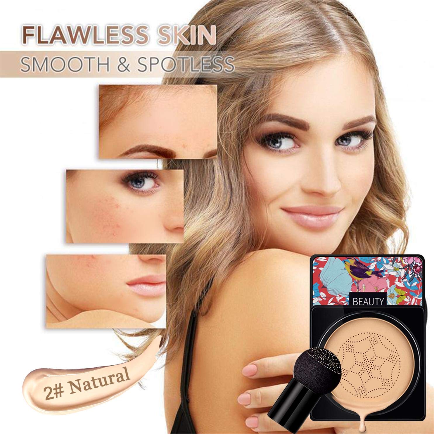 NUIBO Mushroom Head Air Cushion CC Cream, Full Coverage Concealer & Flawless Foundation Makeup, Tattoo Cover Up, Long Lasting Coverage to Hide Blemishes & Even Skin Tone, Natural Bright Finish