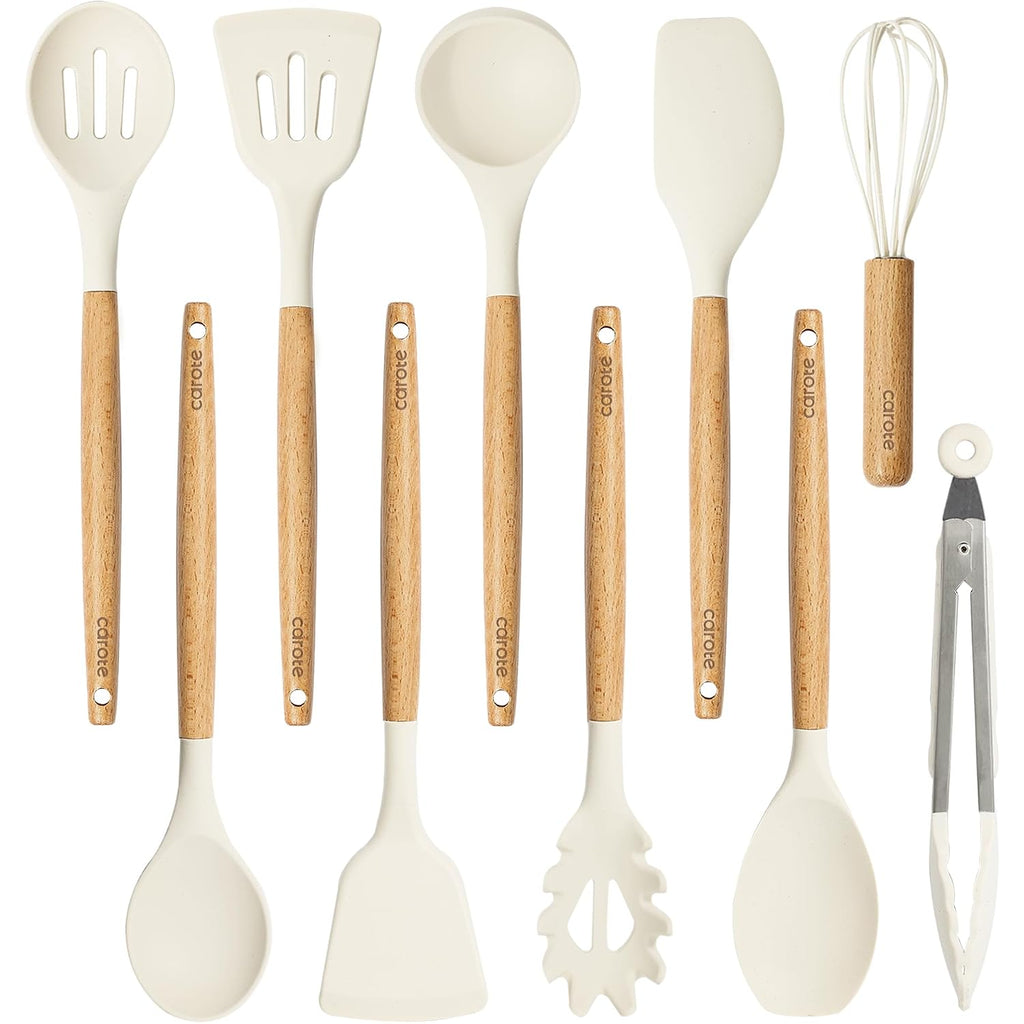 Carote Silicone Cooking Utensils Set, Kitchen Utensils Set 10 Pcs For Cooking, Bpa Free Spatula Set With Heat Resistant Wood Handles For Nonstick Cookware (Cream White)