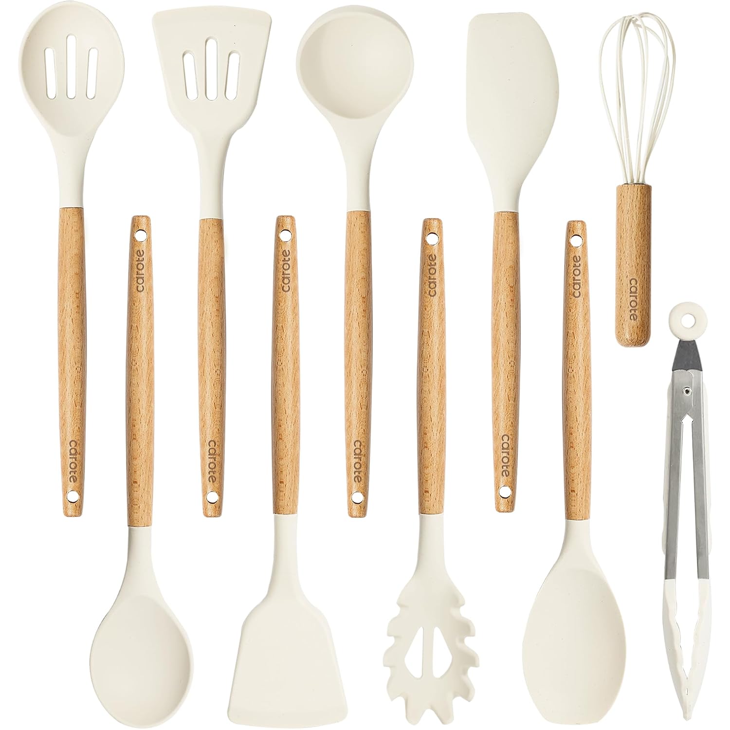 Carote Silicone Cooking Utensils Set, Kitchen Utensils Set 10 Pcs For Cooking, Bpa Free Spatula Set With Heat Resistant Wood Handles For Nonstick Cookware (Cream White)