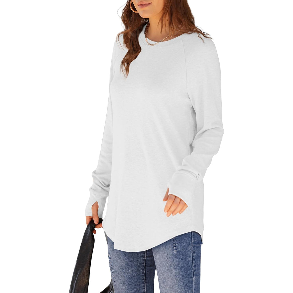 Xieerduo Womens Tunic Tops To Wear With Leggings Long Sleeve Thumb Hole Shirts Crew Neck Curved Hem