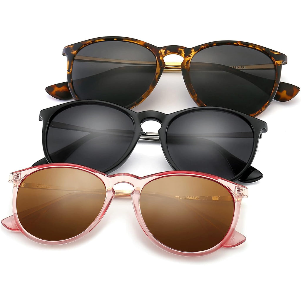 SUNGAIT Premium Vintage Round Sunglasses for Women Men Classic Retro Trendy Style 3 Pack (Polarized): Matte Black/Gray+glossy Pink Brown/Light-brown+matte Amber/Gray