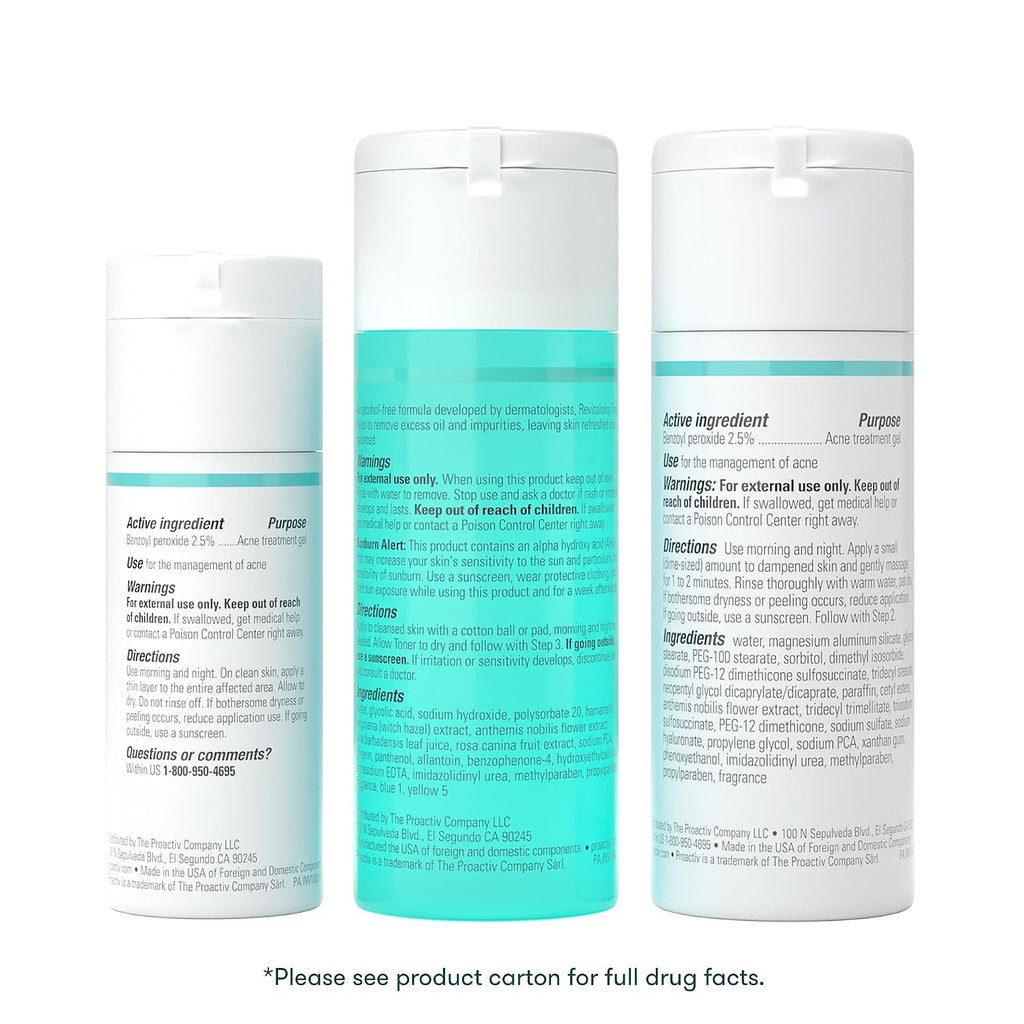 Proactiv 3 Step Acne Treatment - Benzoyl Peroxide Face Wash, Repairing Acne Spot Treatment For Face And Body, Exfoliating Toner - 30 Day Complete Acne Skin Care Kit