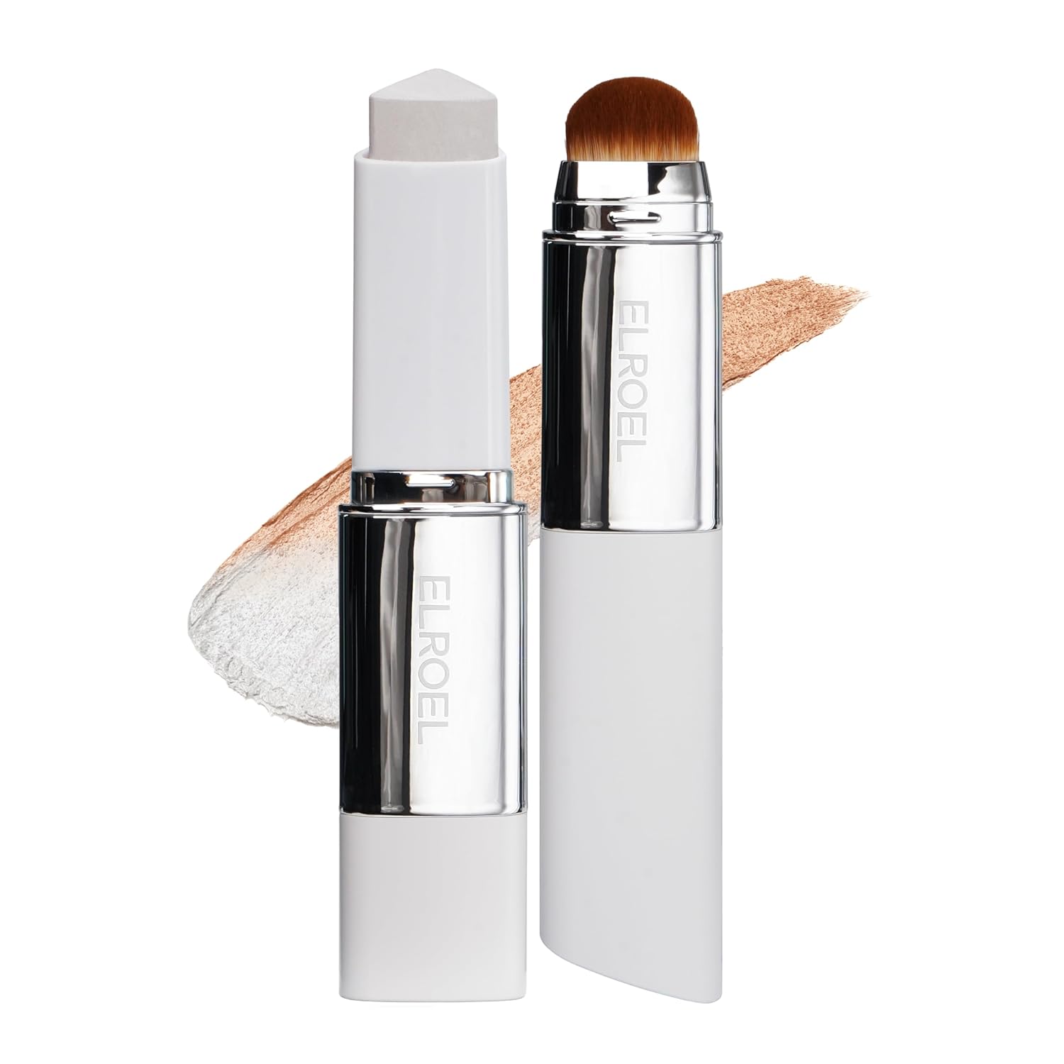 ELROEL Blanc Cover Cream Stick V White - Korean Color-Changing Foundation Stick with Volufiline - Medium to Full Coverage Dewy Finish Base Makeup - Dual-Ended with Detachable Brush (203 Medium)