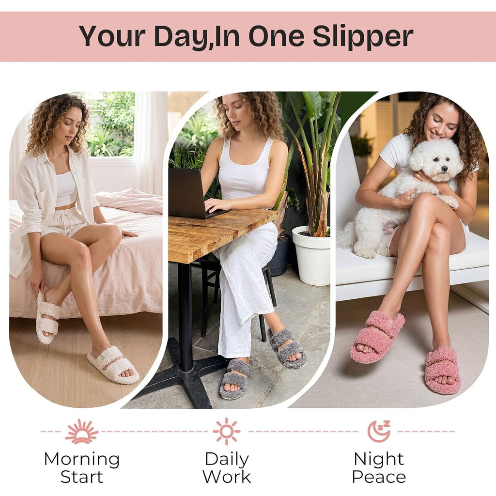 Everfoams Women'S Fuzzy Open Toe Slippers Comfy Soft Memory Foam Indoor House Shoes