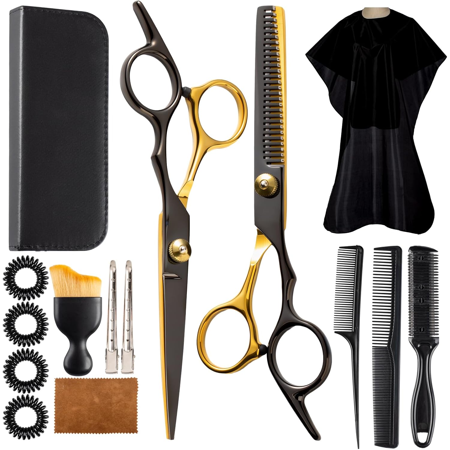 15 Pcs Hair Cutting Scissors Professional, Thinning Shears For Hair Cutting, Black Gold Stainless Steel Barber Scissors, Lengnoyp Haircut Scissors Hair Cutting Kit For Women, Men