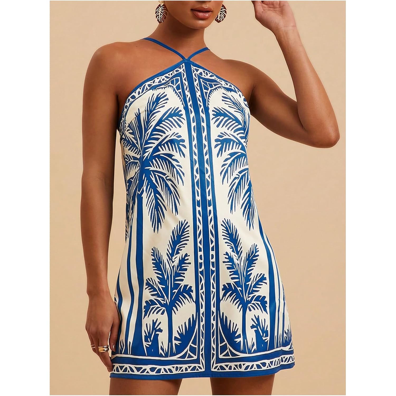 Makemechic Women'S Halter Dresses Summer Beach Backless Tropical Vacation Caribbean Outfits Boho Mini Dresses