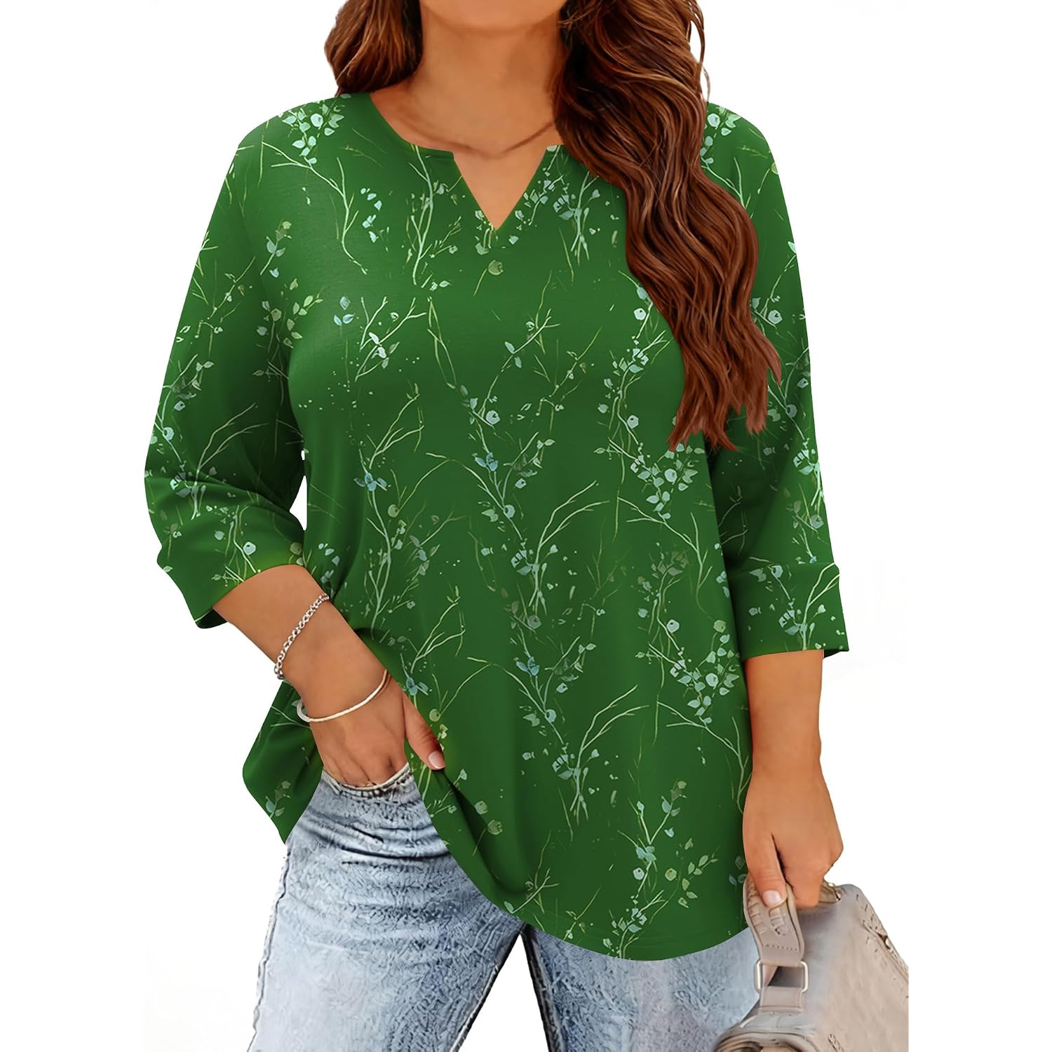 TFSDOD Plus Size Tops for Women V Neck T Shirt 3/4 Length Sleeve Blouse Dressy Casual Tee Loose Fit XL-5X