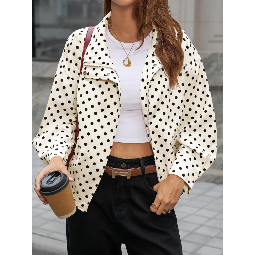 Tankaneo Womens Zip Up Cropped Jackets Polka Dot Oversized Jackets Spring Lightweight Trendy Casual Coats
