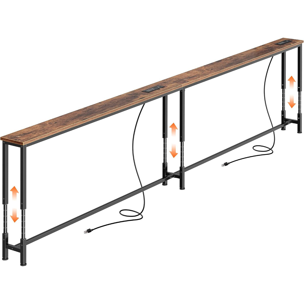 Huuger 102.4 Inch Sofa Table With Power Outlets, 23.9’’-34.4’’ Height Adjustable Range, Behind Couch Table With Usb-C Ports, Sofa Tables Narrow Long, Skinny Console Table, Small Spaces, Rustic Brown