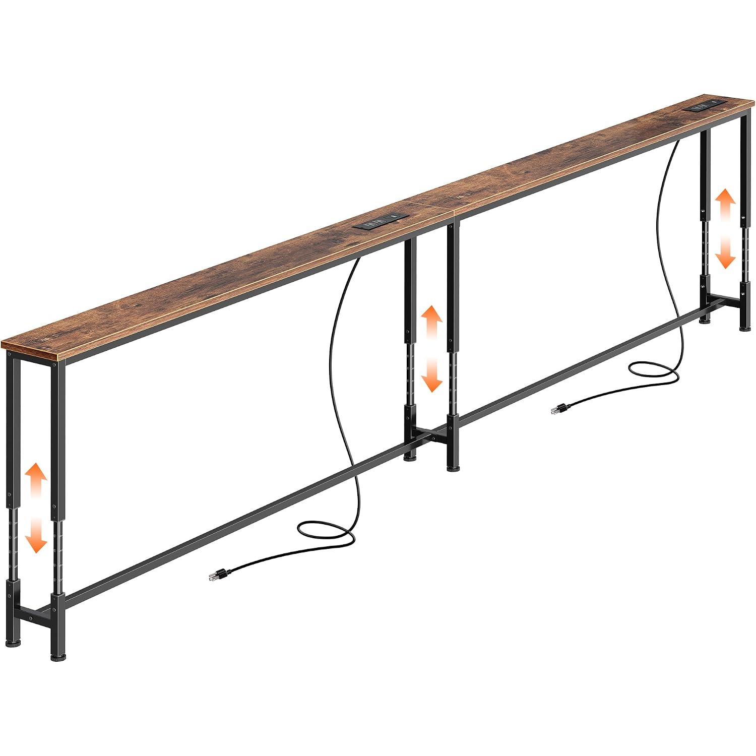 Huuger 102.4 Inch Sofa Table With Power Outlets, 23.9’’-34.4’’ Height Adjustable Range, Behind Couch Table With Usb-C Ports, Sofa Tables Narrow Long, Skinny Console Table, Small Spaces, Rustic Brown